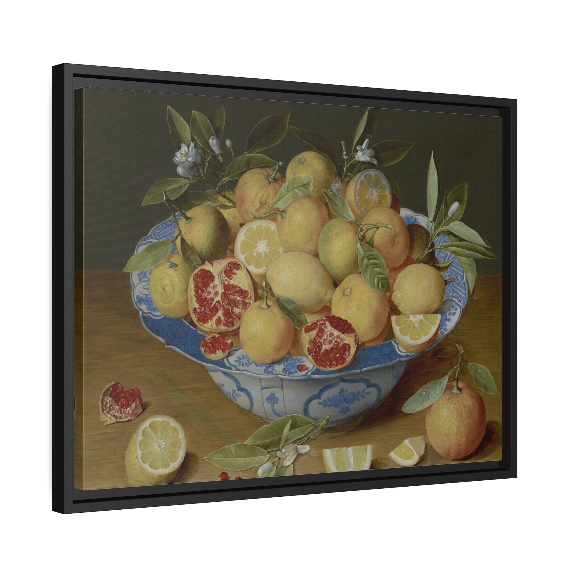 Jacob van Hulsdonck Still Life with Lemons Oranges and a Pomegranate - Framed Canvas Wall Art Print in Black Pinewood Frame