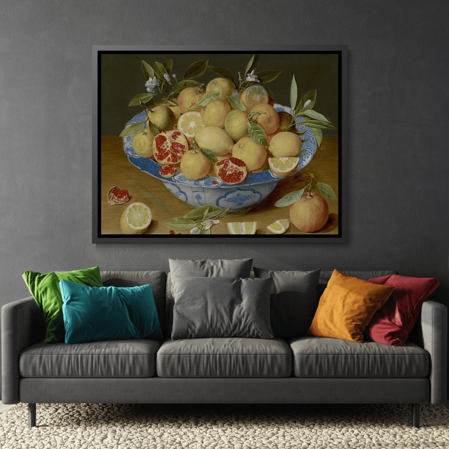 Jacob van Hulsdonck Still Life with Lemons Oranges and a Pomegranate - Framed Canvas Wall Art Print in Black Pinewood Frame