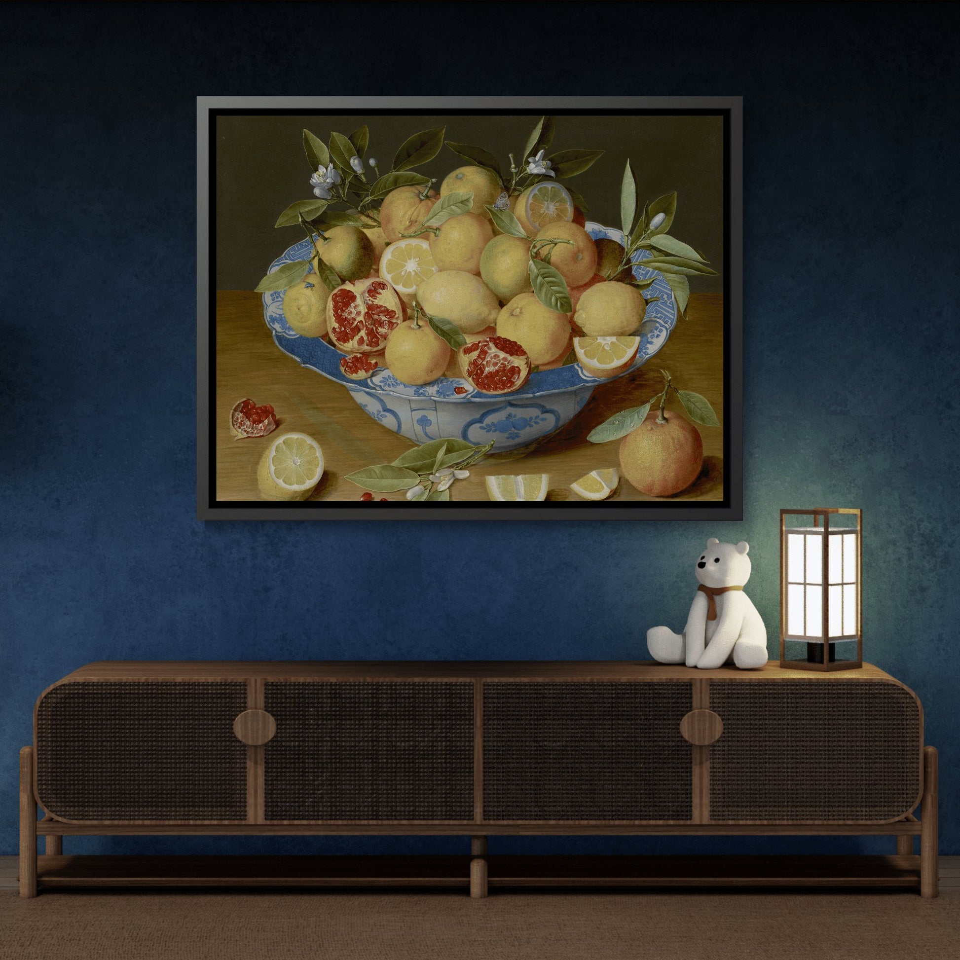 Jacob van Hulsdonck Still Life with Lemons Oranges and a Pomegranate - Framed Canvas Wall Art Print in Black Pinewood Frame