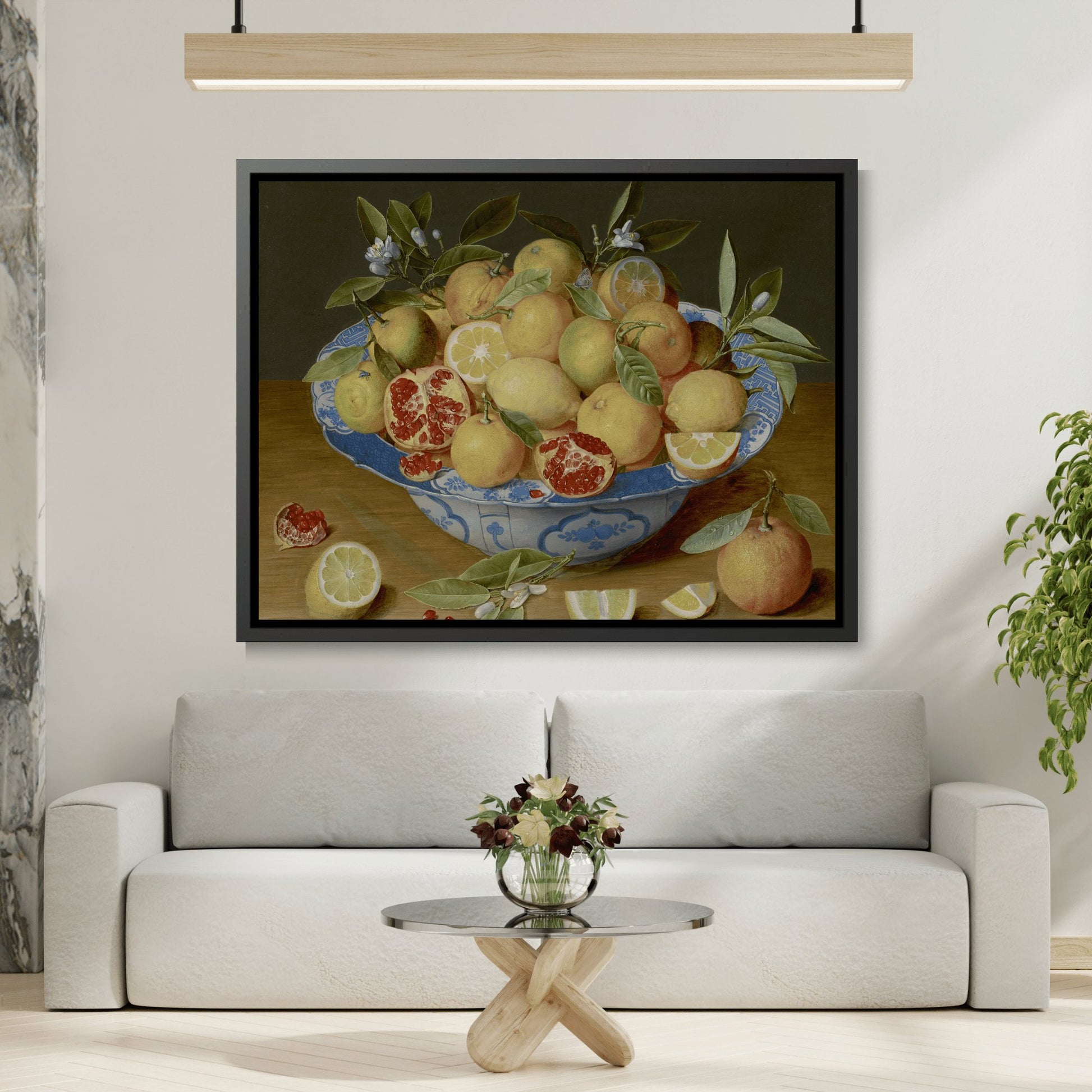 Jacob van Hulsdonck Still Life with Lemons Oranges and a Pomegranate - Framed Canvas Wall Art Print in Black Pinewood Frame