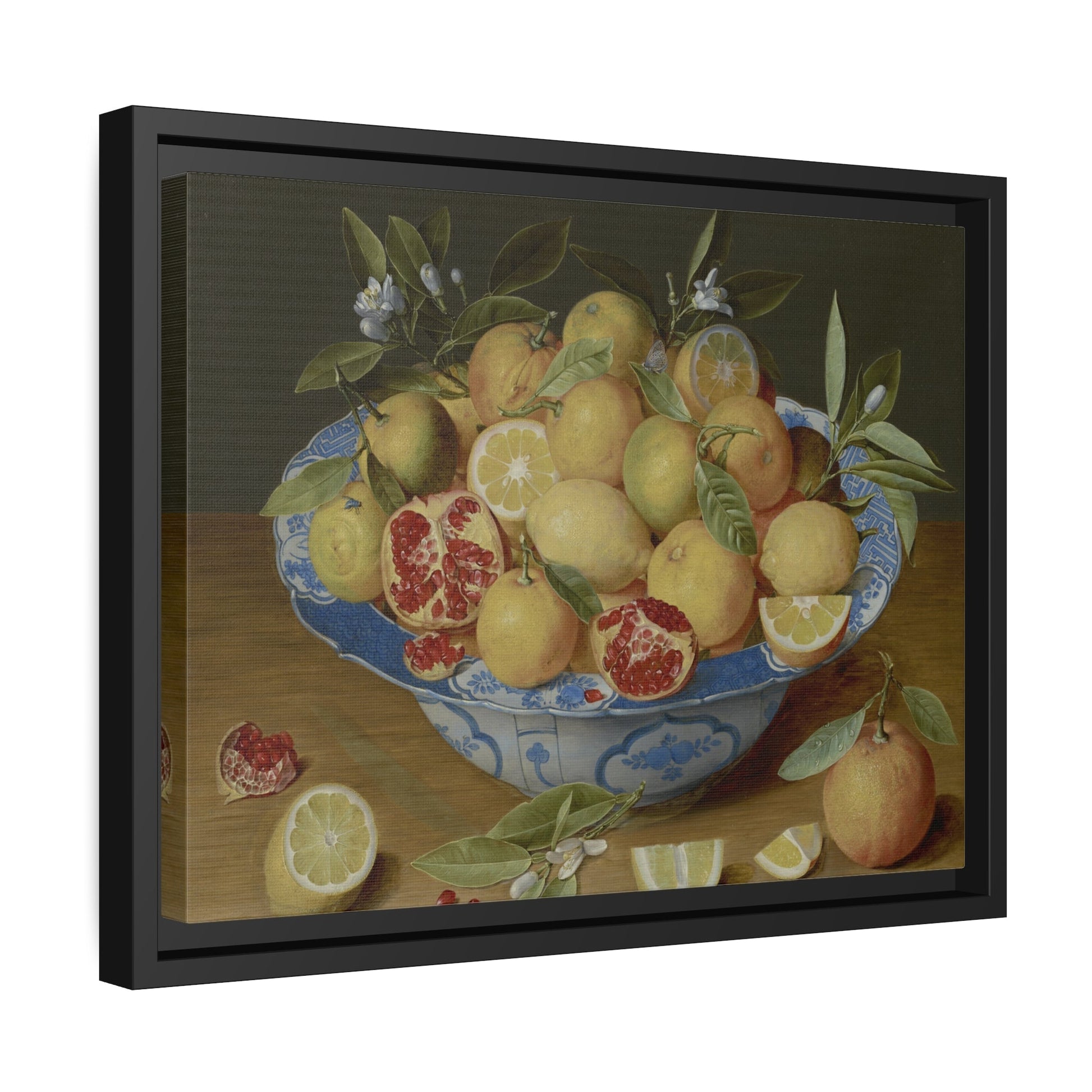 Jacob van Hulsdonck Still Life with Lemons Oranges and a Pomegranate - Framed Canvas Wall Art Print in Black Pinewood Frame