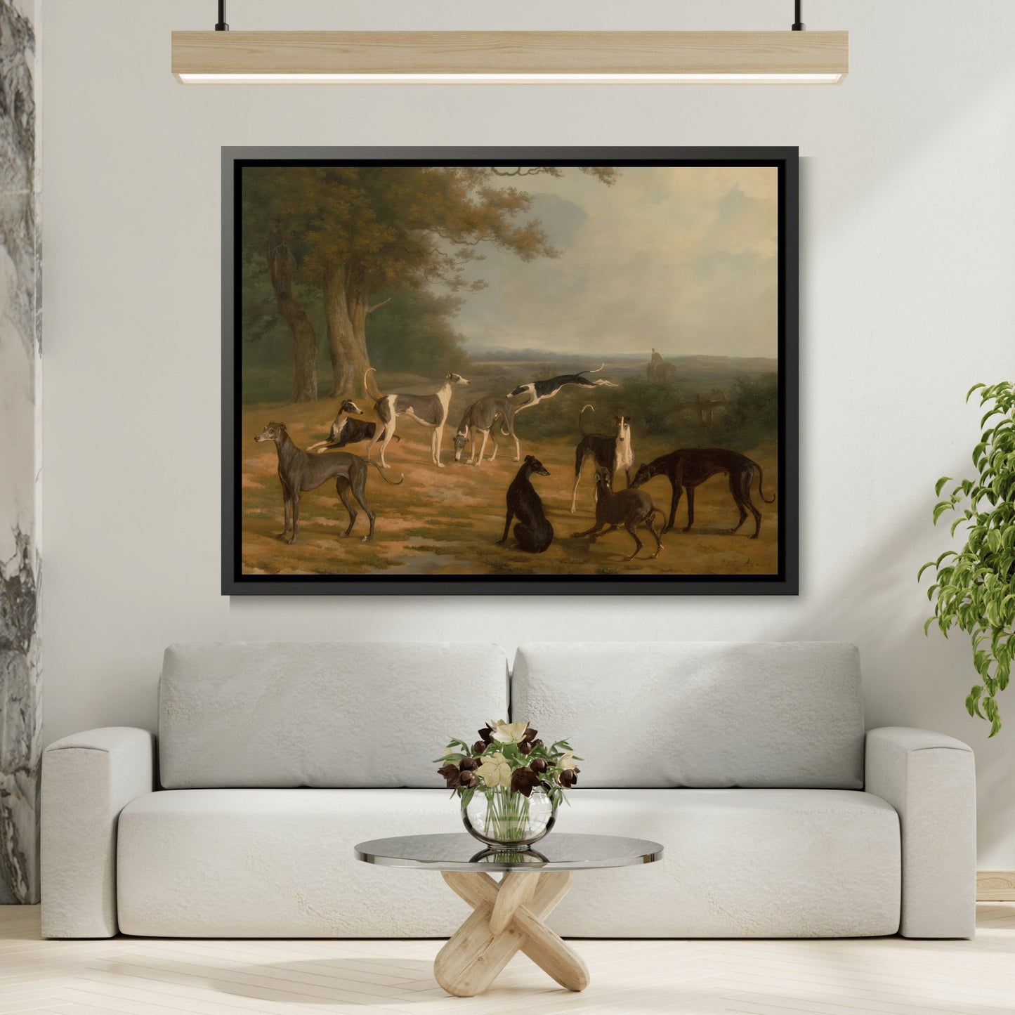 Jacques Laurent Agasse Nine Greyhounds Dog in a Landscape - Framed Canvas Wall Art Print in Black Pinewood Frame