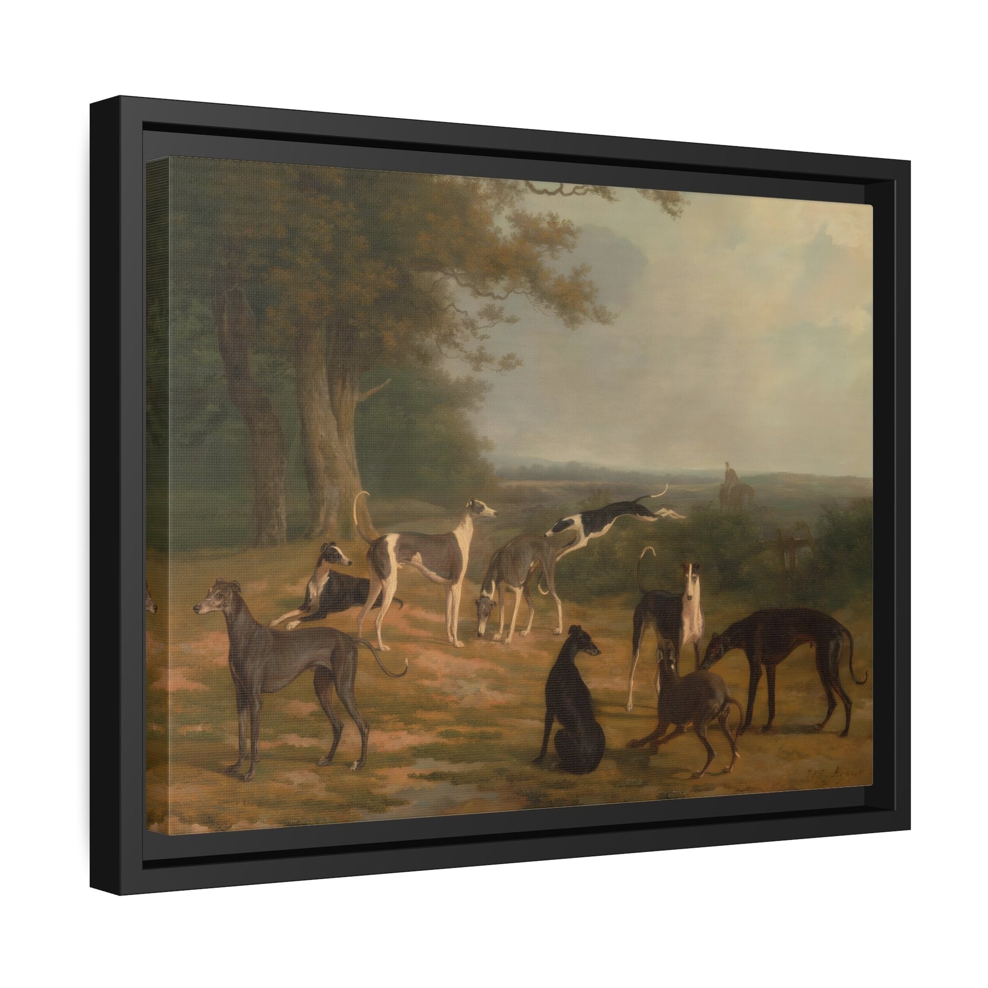 Jacques Laurent Agasse Nine Greyhounds Dog in a Landscape - Framed Canvas Wall Art Print in Black Pinewood Frame