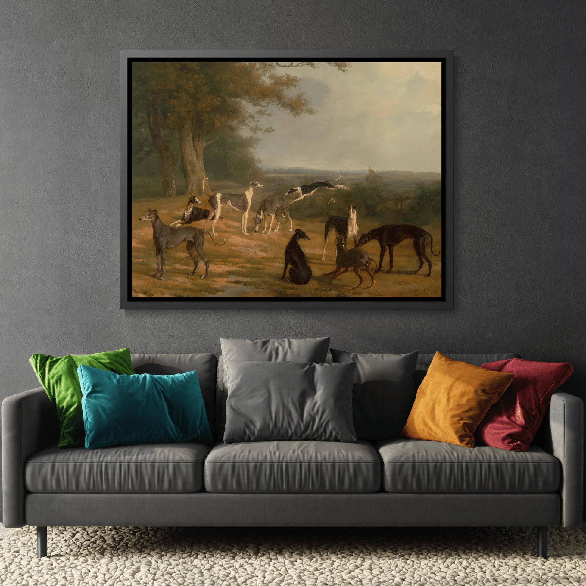 Jacques Laurent Agasse Nine Greyhounds Dog in a Landscape - Framed Canvas Wall Art Print in Black Pinewood Frame