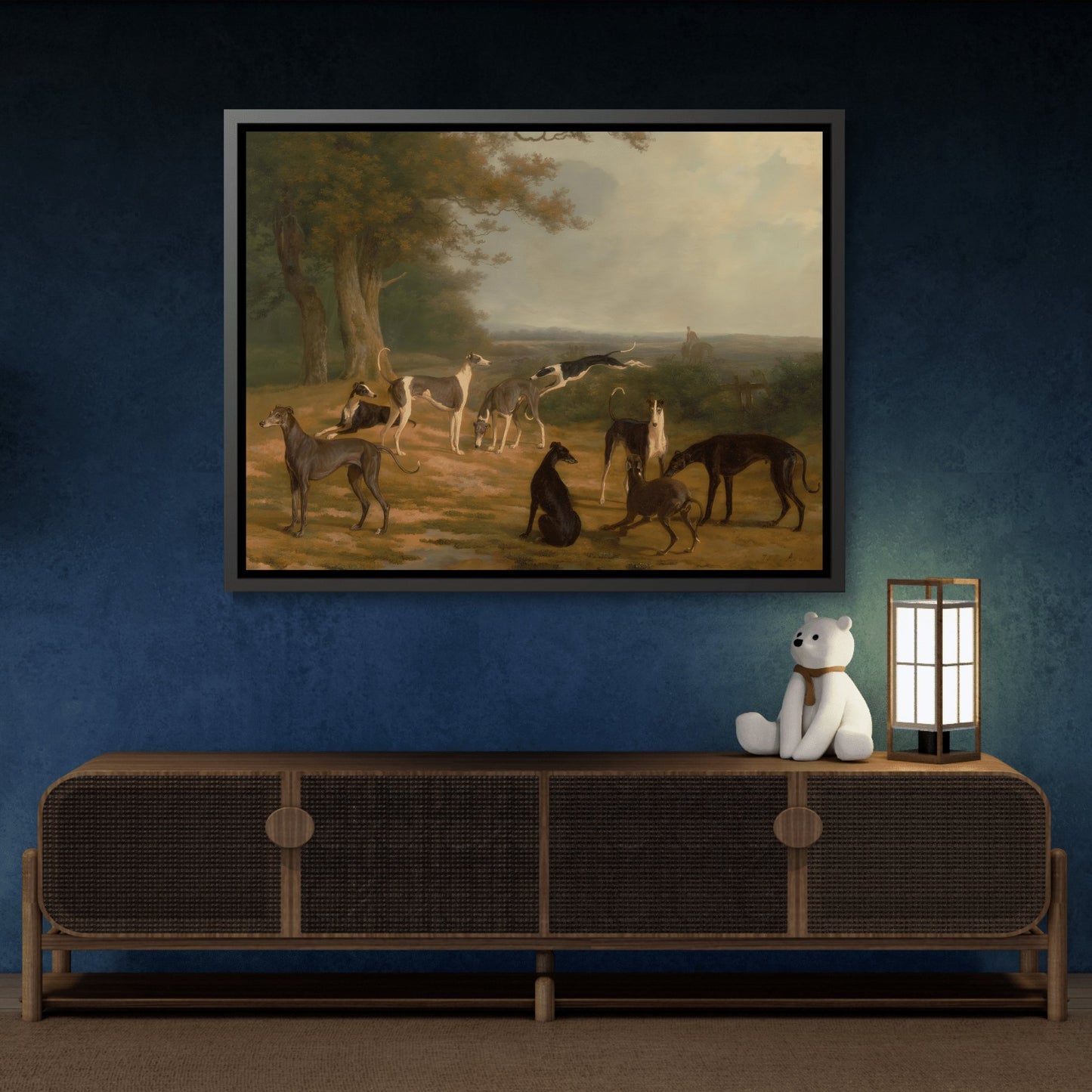 Jacques Laurent Agasse Nine Greyhounds Dog in a Landscape - Framed Canvas Wall Art Print in Black Pinewood Frame