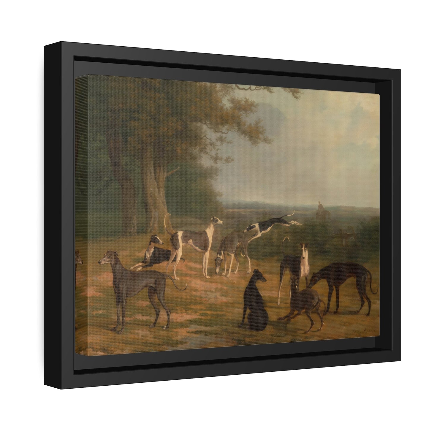 Jacques Laurent Agasse Nine Greyhounds Dog in a Landscape - Framed Canvas Wall Art Print in Black Pinewood Frame