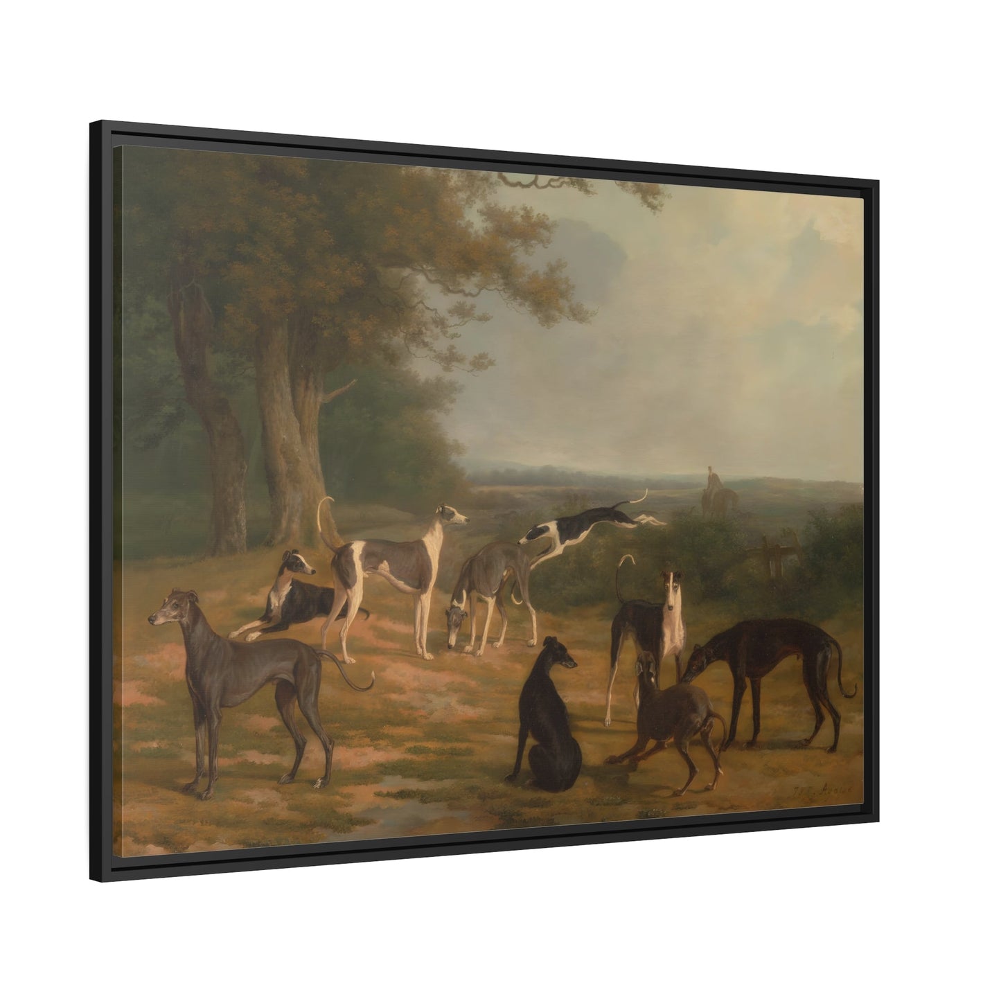 Jacques Laurent Agasse Nine Greyhounds Dog in a Landscape - Framed Canvas Wall Art Print in Black Pinewood Frame