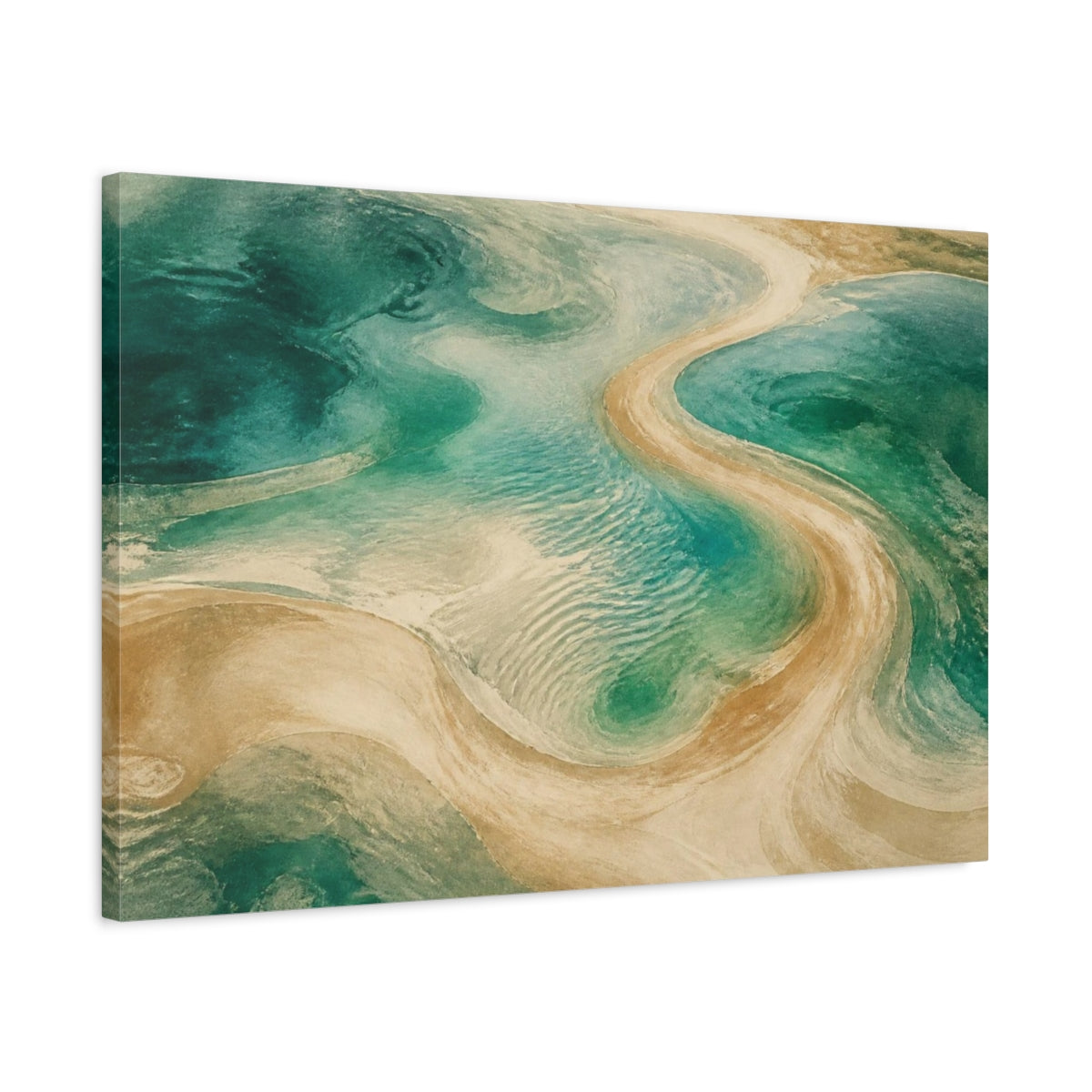 Side Mockup 2. Jade Lagoon Sandbar shown as canvas print