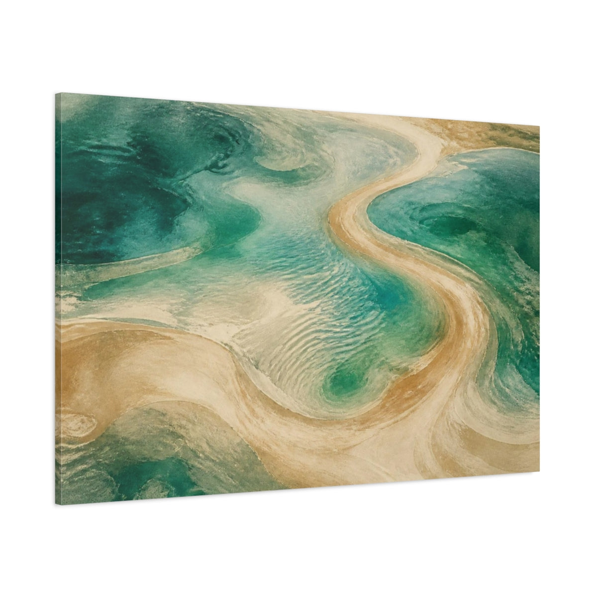 Side Mockup 1. Jade Lagoon Sandbar shown as canvas print