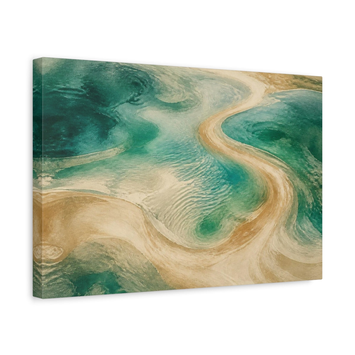 Side Mockup 4. Jade Lagoon Sandbar shown as canvas print