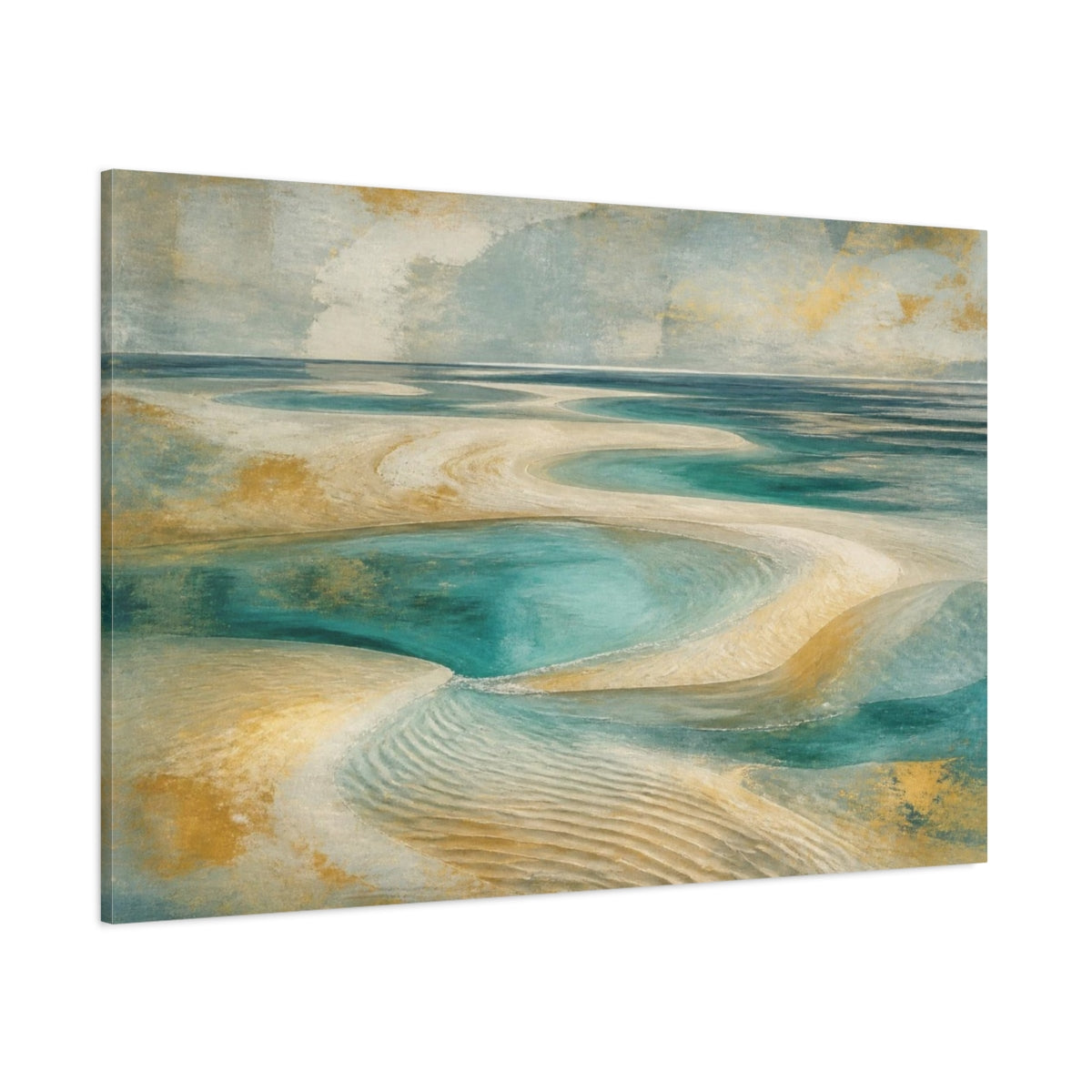 Side Mockup 1. Jade Lagoon Sandbars shown as canvas print
