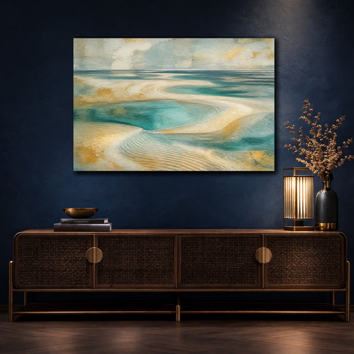 Mockup 4. Jade Lagoon Sandbars shown as canvas print
