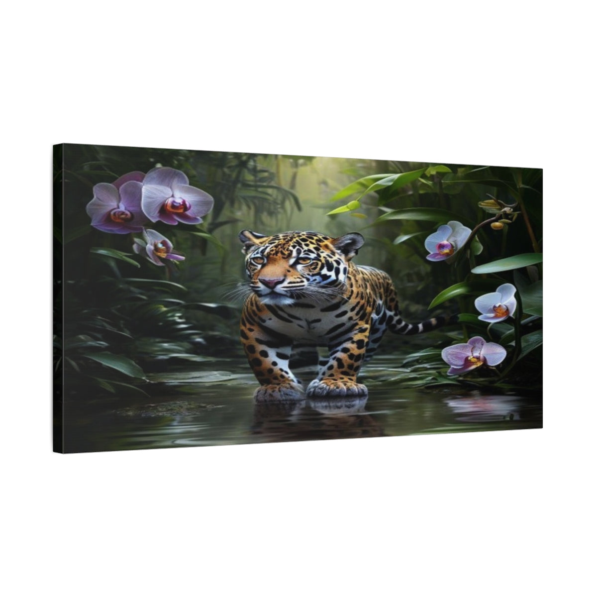 Side Mockup 1. Jaguar Among Orchids shown as canvas print