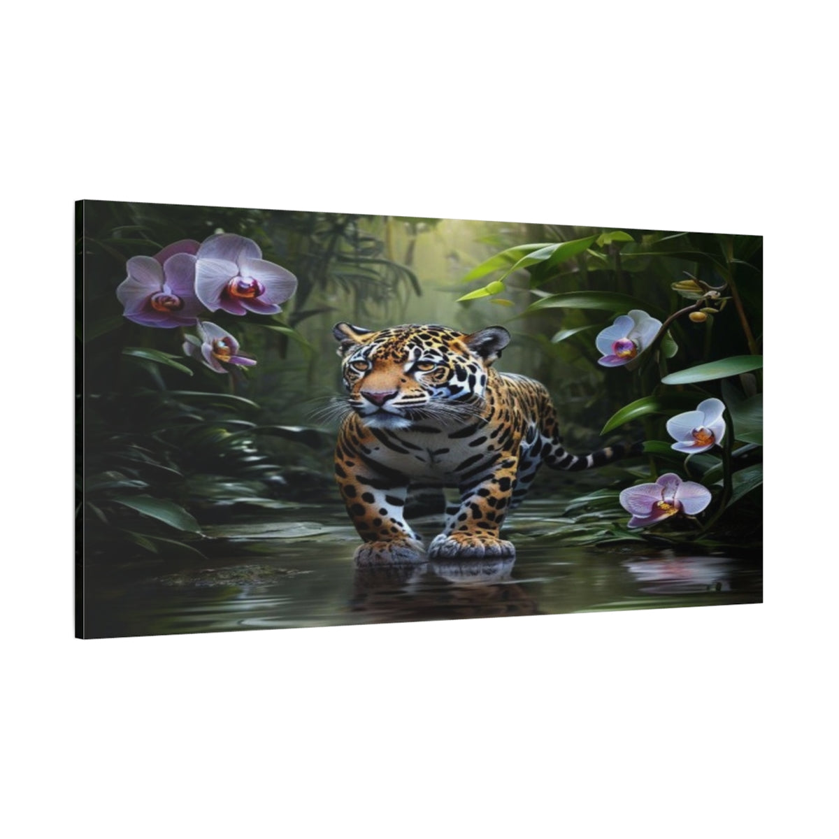Side Mockup 2. Jaguar Among Orchids shown as canvas print