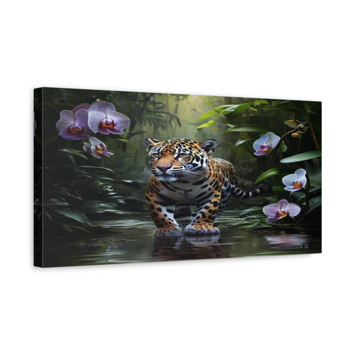 Side Mockup 3. Jaguar Among Orchids shown as canvas print