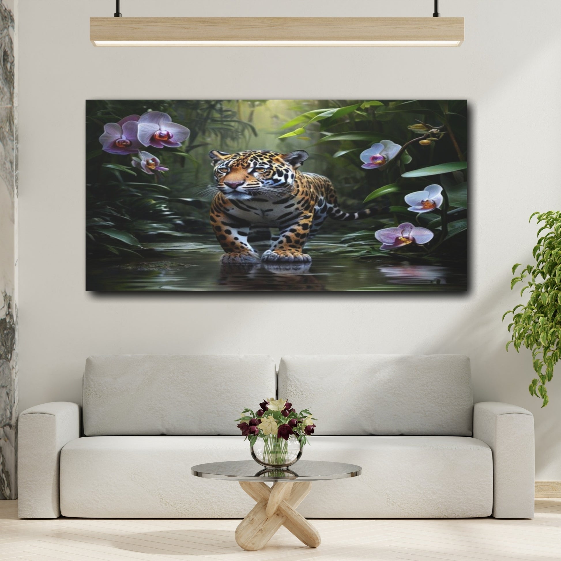 Mockup 2. Jaguar Among Orchids shown as canvas print