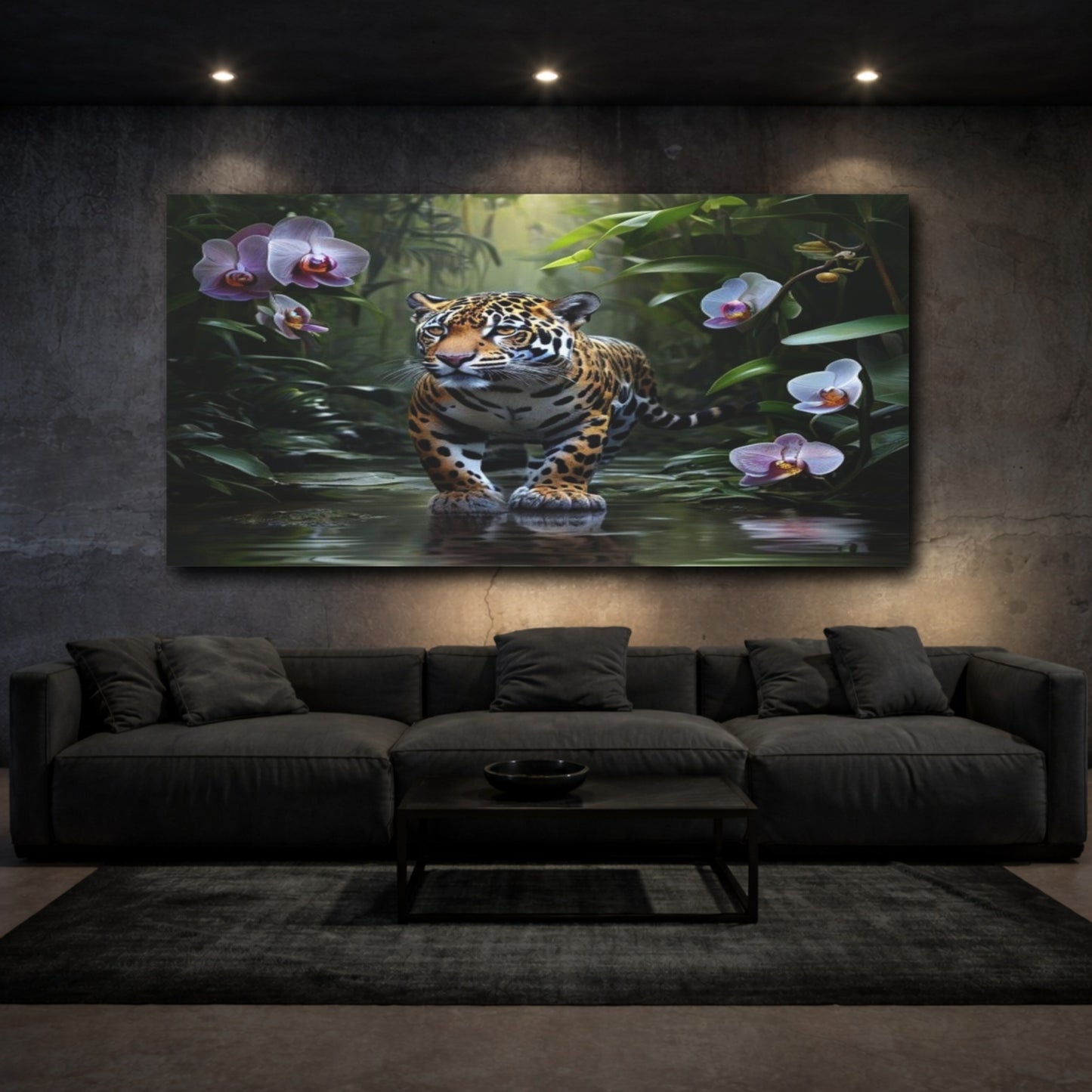 Mockup 3. Jaguar Among Orchids shown as canvas print
