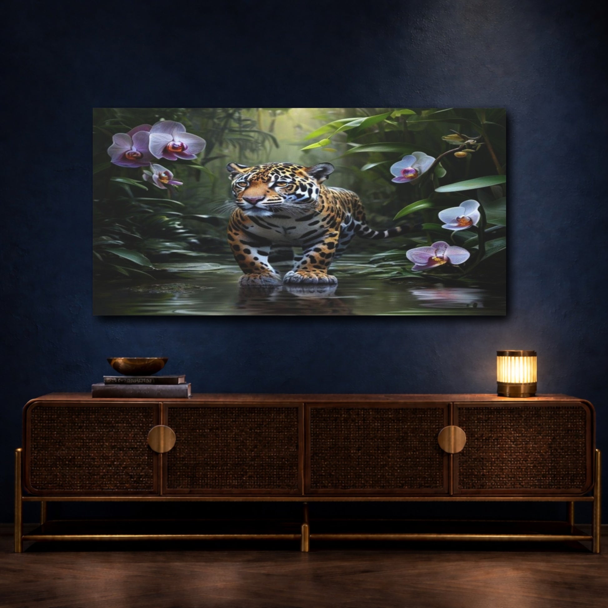 Mockup 4. Jaguar Among Orchids shown as canvas print