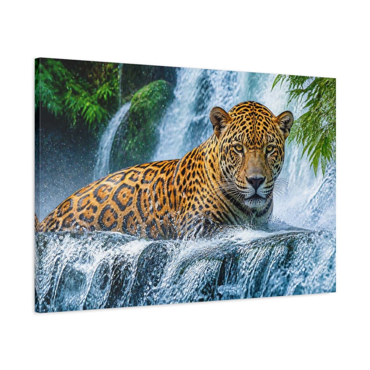 Main Mockup. Jaguar Animal At Waterfall shown as canvas print