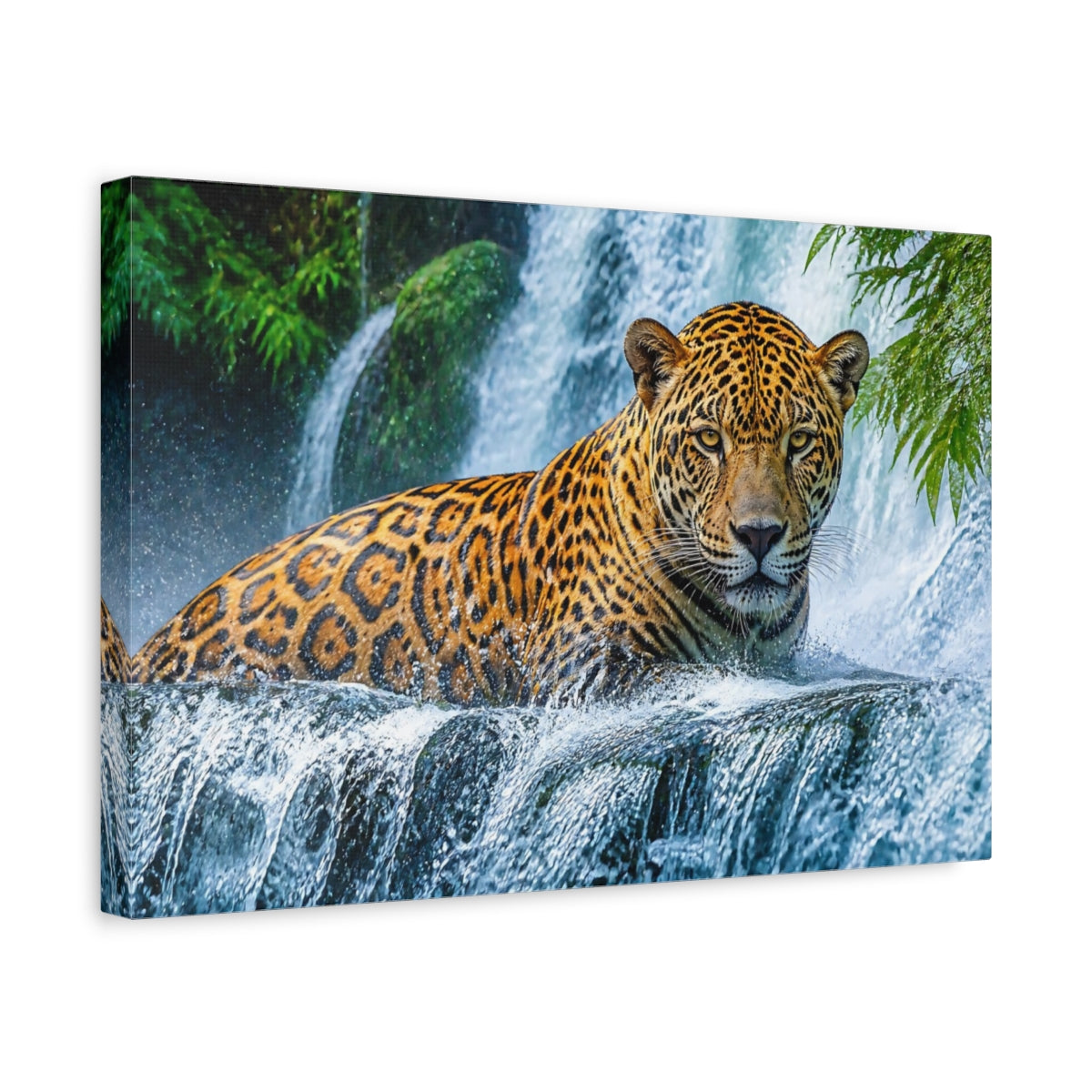 Side Mockup 4. Jaguar Animal At Waterfall shown as canvas print