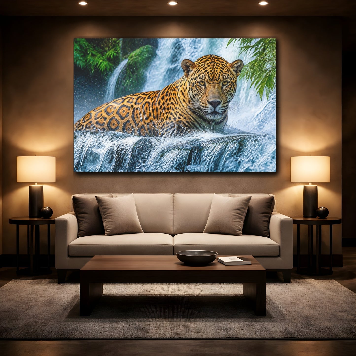 Mockup 2. Jaguar Animal At Waterfall shown as canvas print