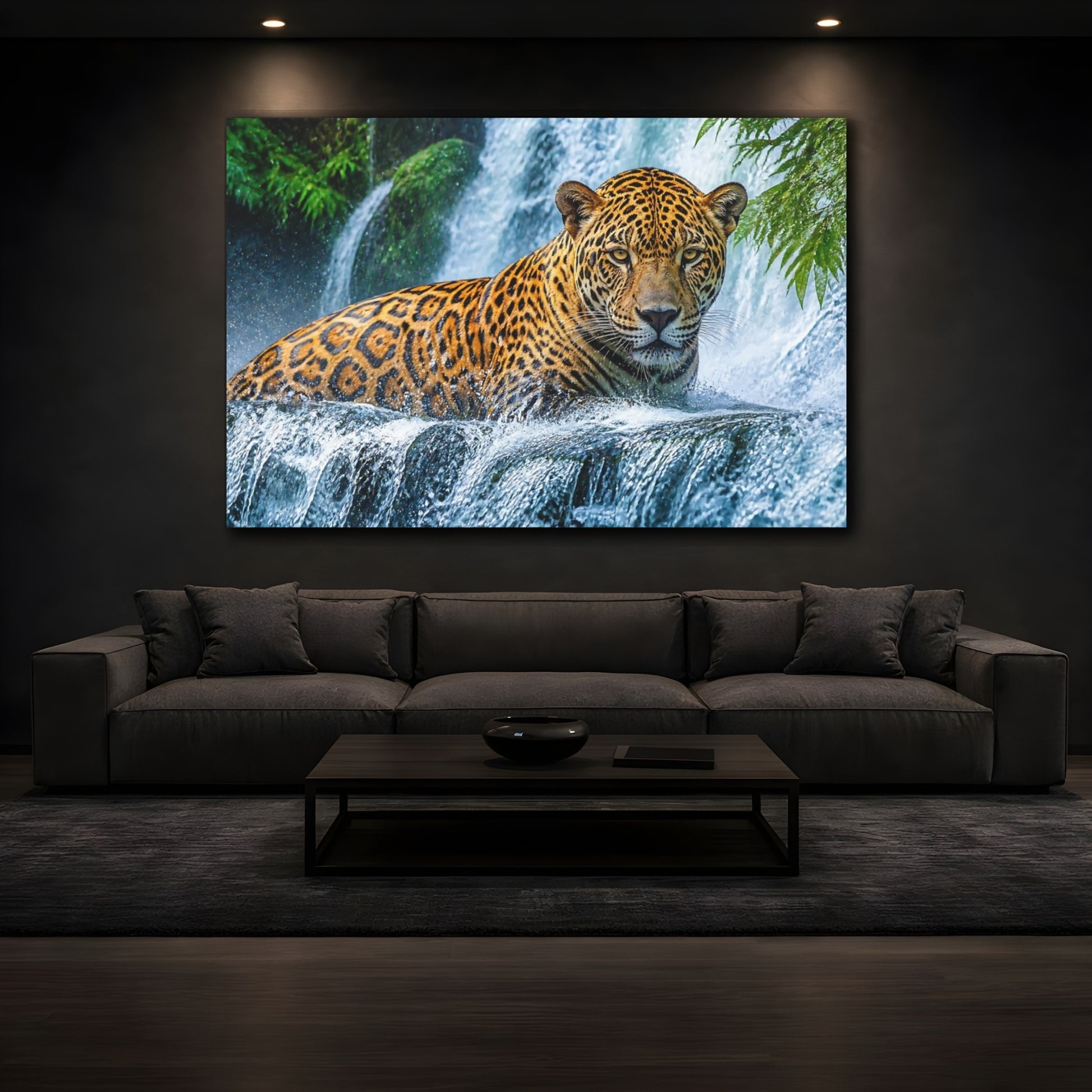 Mockup 3. Jaguar Animal At Waterfall shown as canvas print