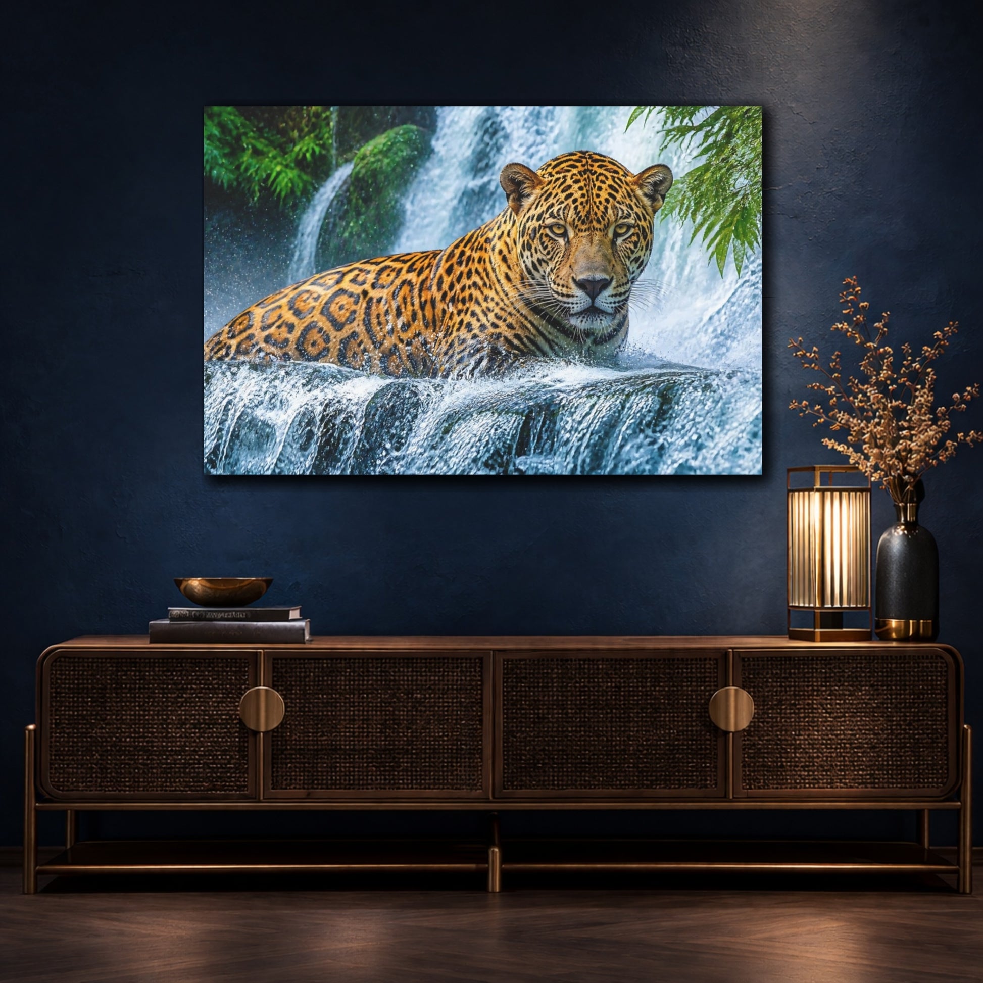 Mockup 4. Jaguar Animal At Waterfall shown as canvas print