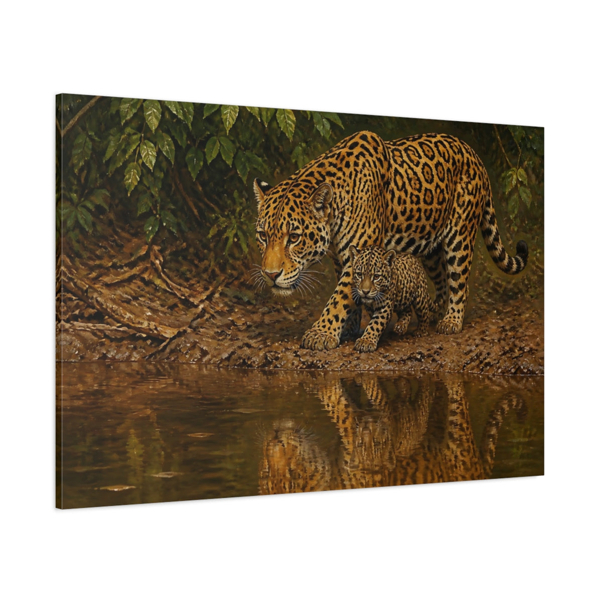 Side Mockup 1. Jaguar Mother And Cub Animals shown as canvas print