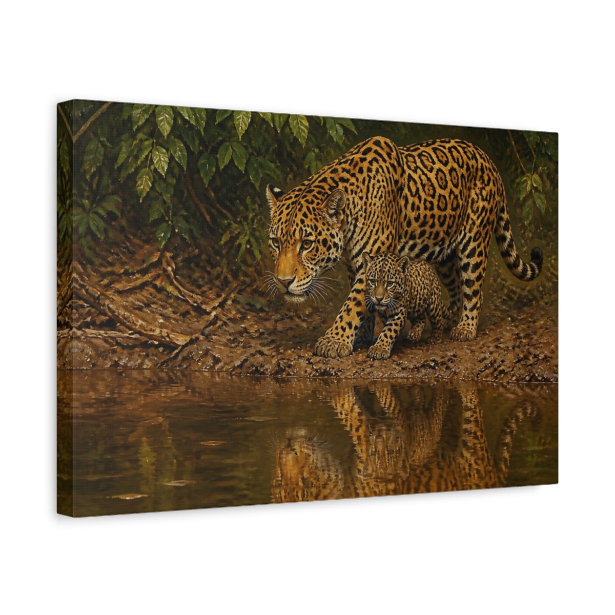 Side Mockup 4. Jaguar Mother And Cub Animals shown as canvas print