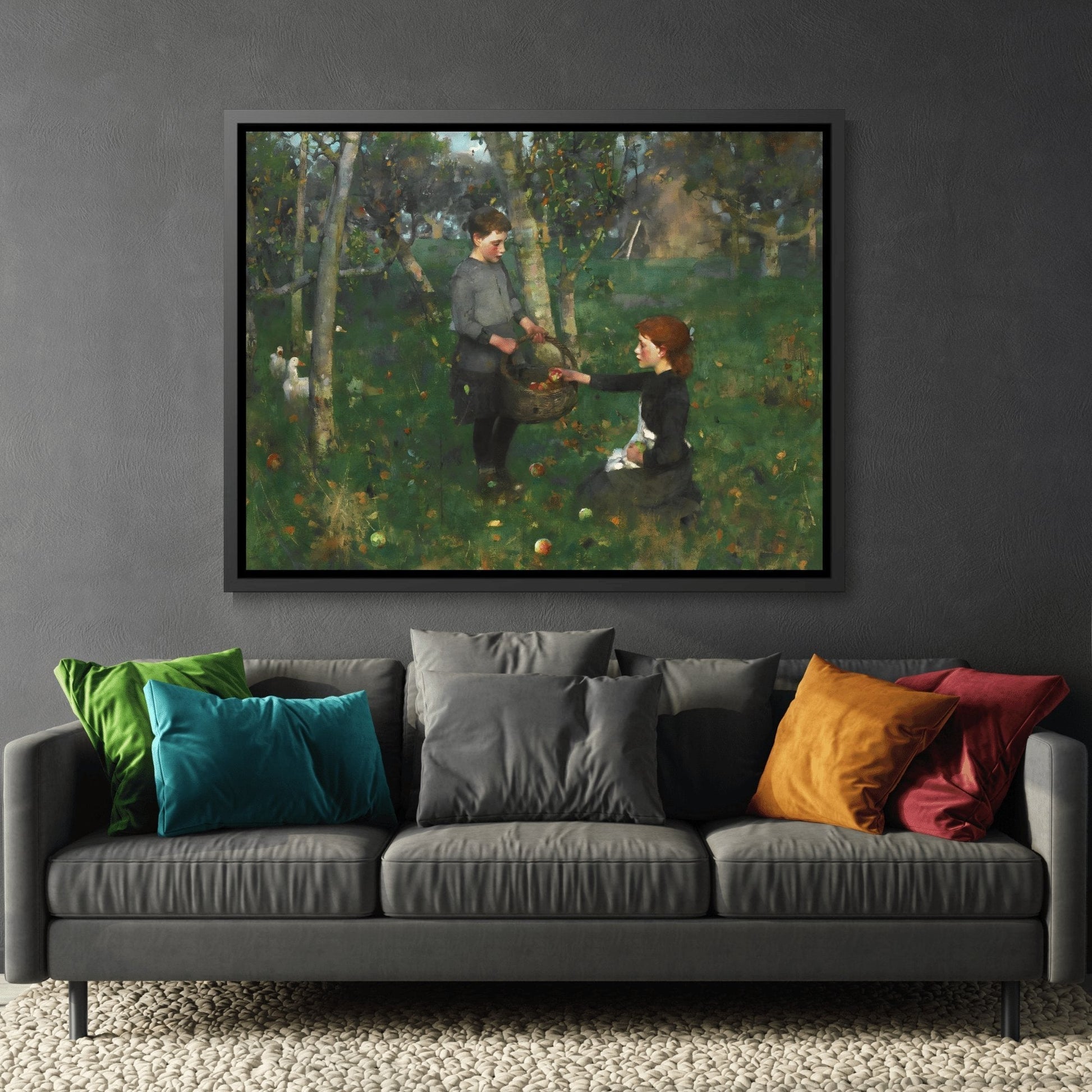 James Guthrie In the Orchard - Framed Canvas Wall Art Print in Black Pinewood Frame