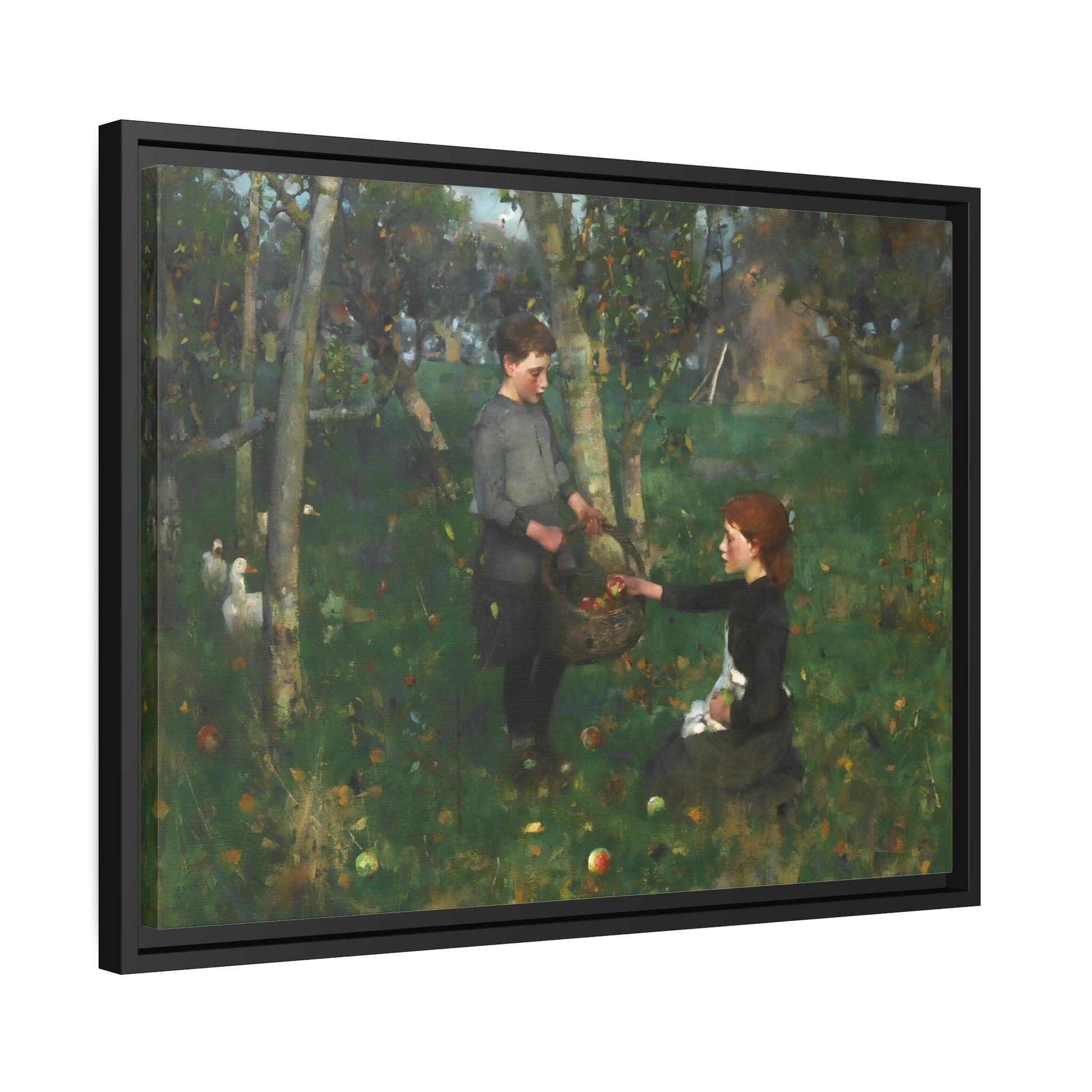 James Guthrie In the Orchard - Framed Canvas Wall Art Print in Black Pinewood Frame