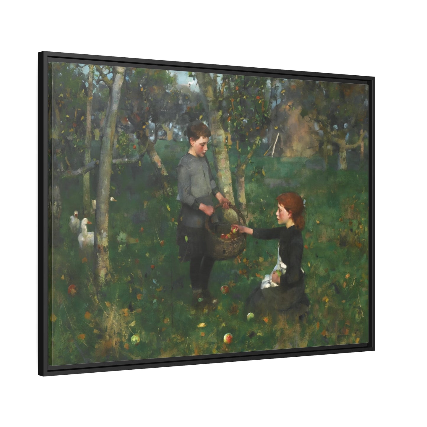 James Guthrie In the Orchard - Framed Canvas Wall Art Print in Black Pinewood Frame