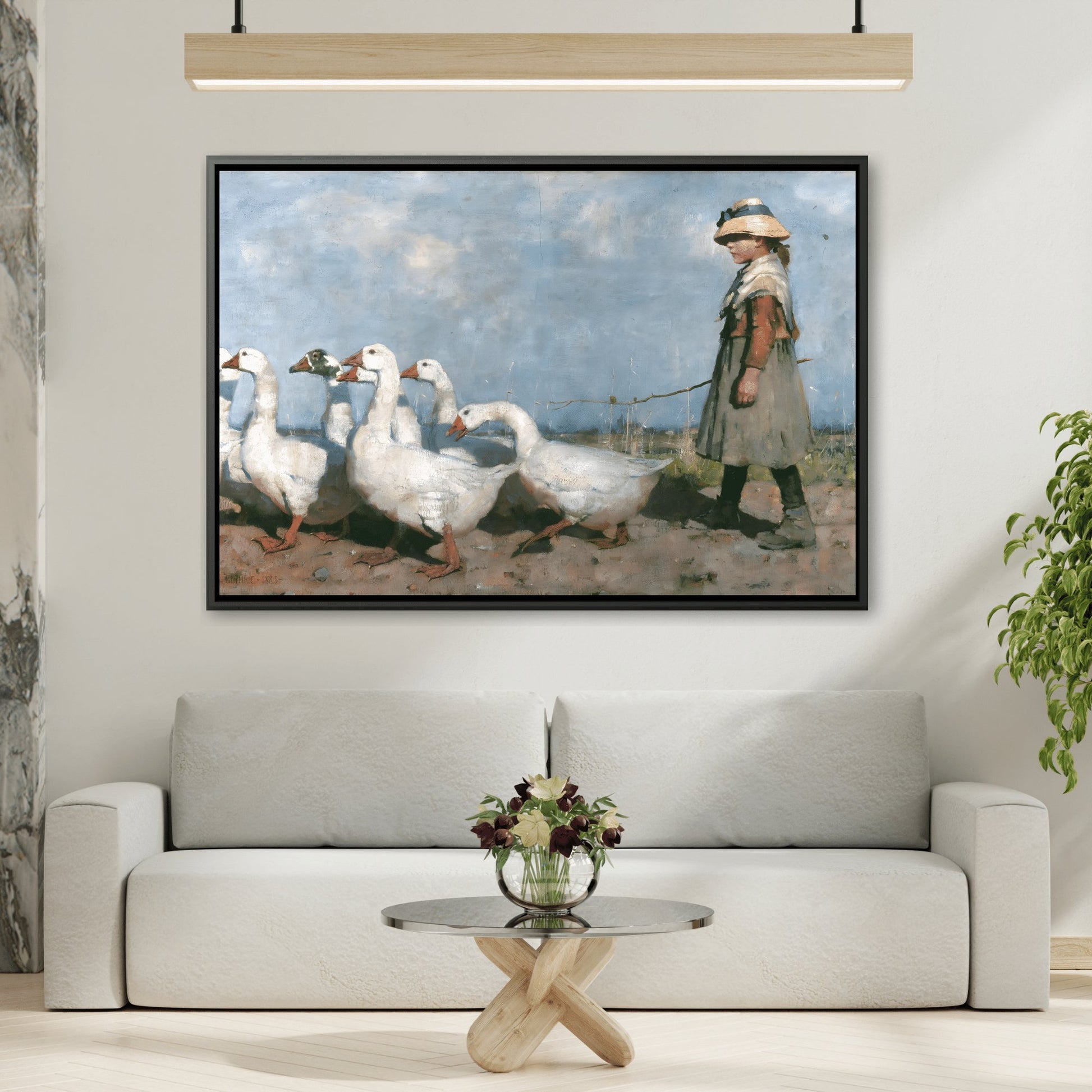 James Guthrie Pastures Girl with Geese - Framed Canvas Wall Art Print in Black Pinewood Frame