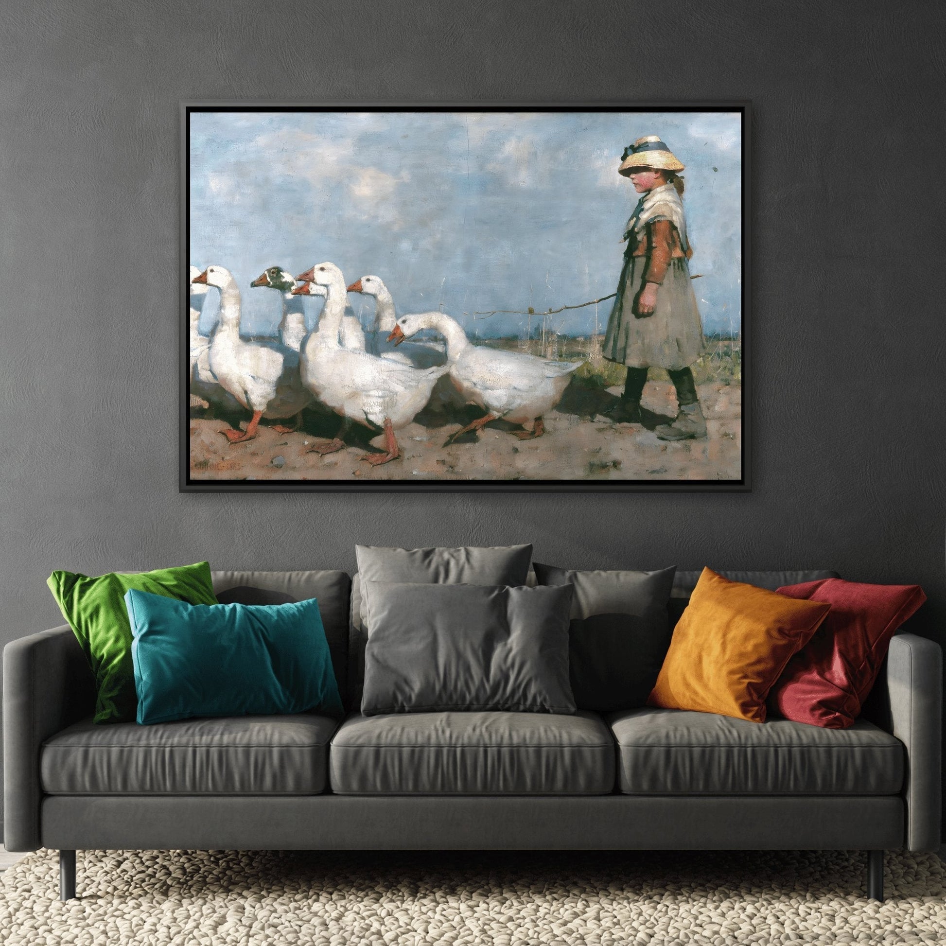 James Guthrie Pastures Girl with Geese - Framed Canvas Wall Art Print in Black Pinewood Frame