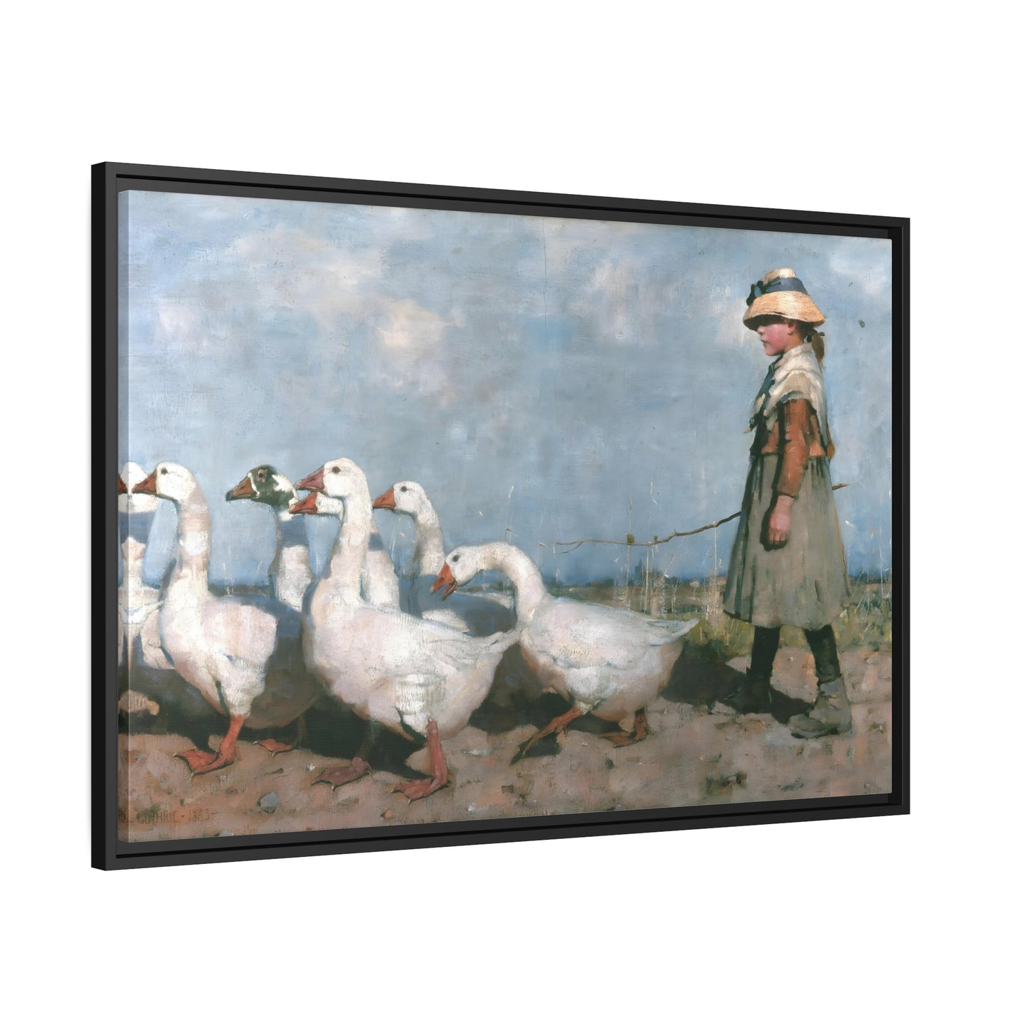 James Guthrie Pastures Girl with Geese - Framed Canvas Wall Art Print in Black Pinewood Frame