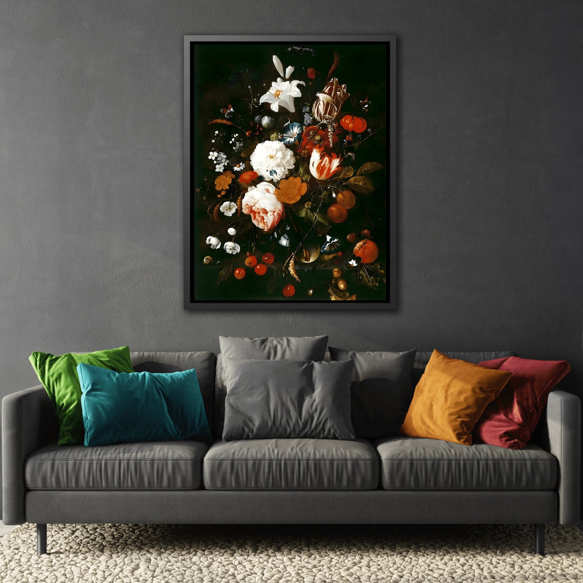 Jan Davidsz de Heem Flowers in a Glass Vase with Fruit - Framed Canvas Art Reproduction in Black Pinewood Frame