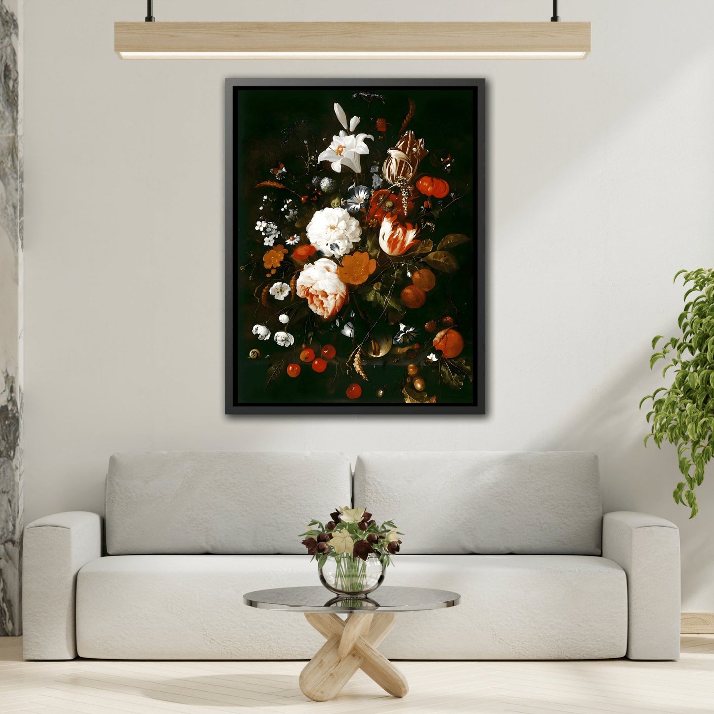 Jan Davidsz de Heem Flowers in a Glass Vase with Fruit - Framed Canvas Art Reproduction in Black Pinewood Frame