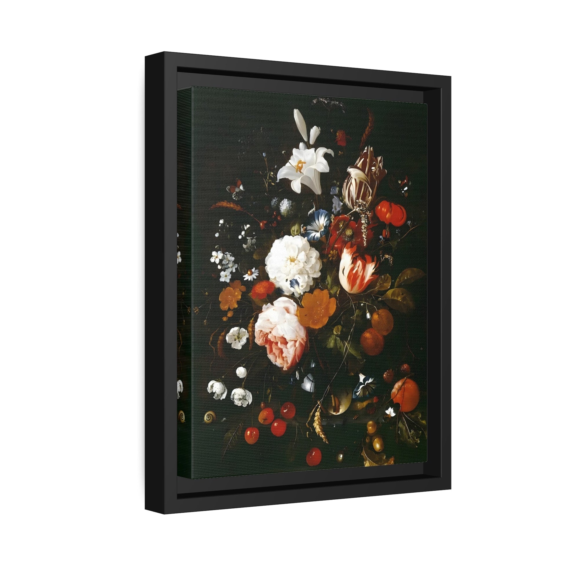 Jan Davidsz de Heem Flowers in a Glass Vase with Fruit - Framed Canvas Art Reproduction in Black Pinewood Frame