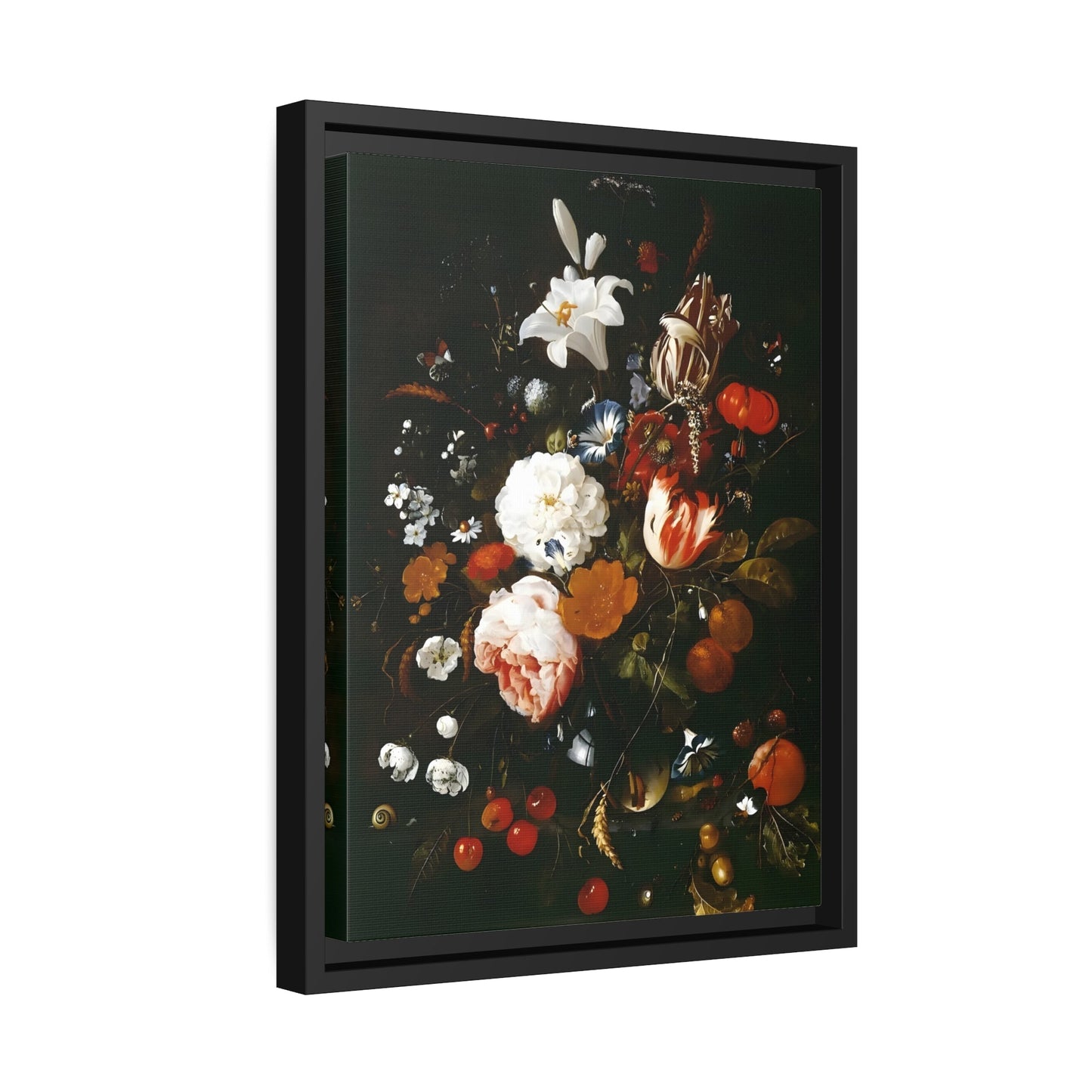 Jan Davidsz de Heem Flowers in a Glass Vase with Fruit - Framed Canvas Art Reproduction in Black Pinewood Frame