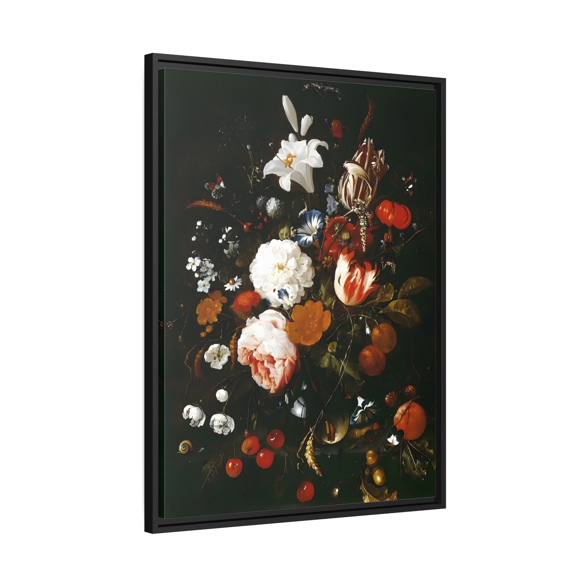 Jan Davidsz de Heem Flowers in a Glass Vase with Fruit - Framed Canvas Art Reproduction in Black Pinewood Frame