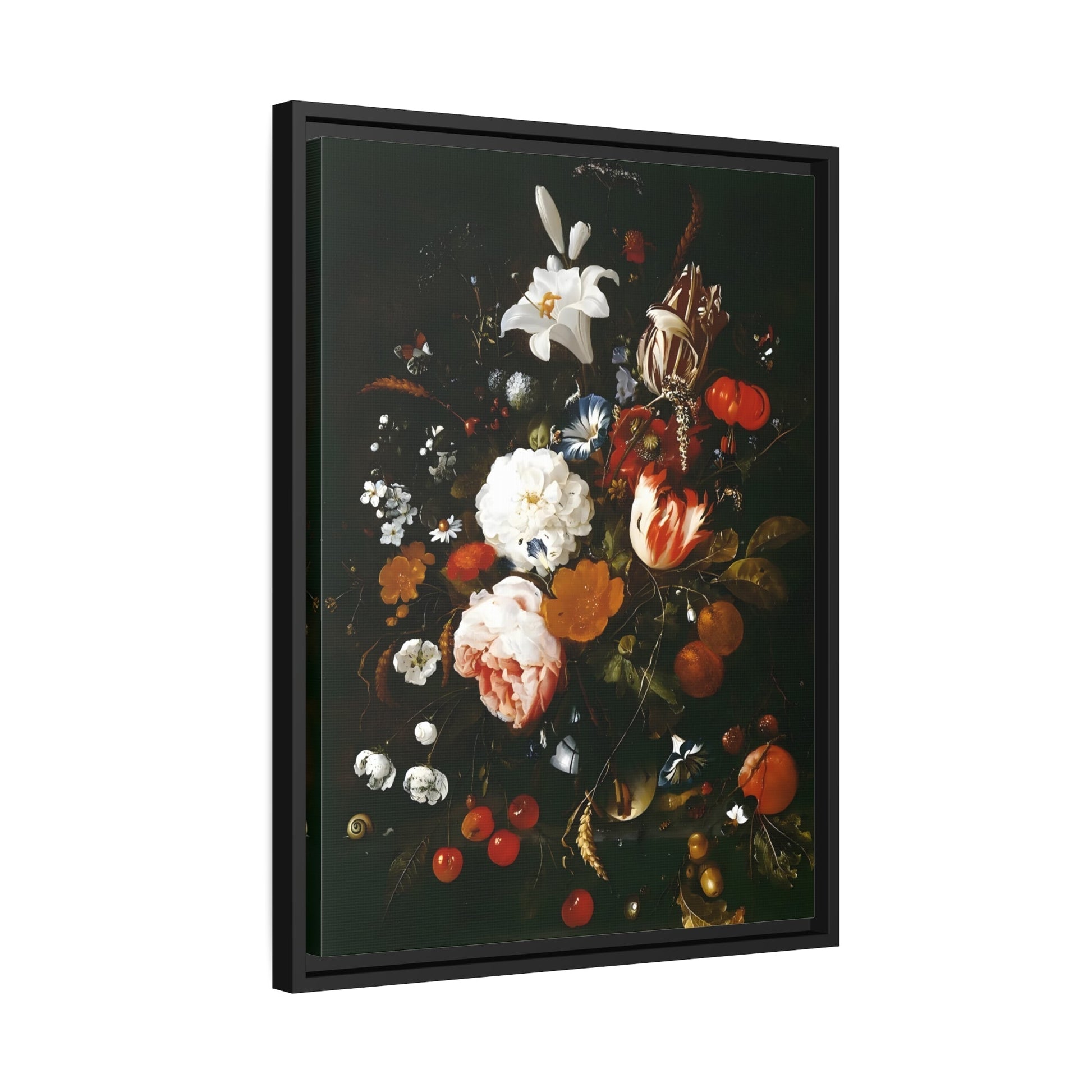 Jan Davidsz de Heem Flowers in a Glass Vase with Fruit - Framed Canvas Art Reproduction in Black Pinewood Frame