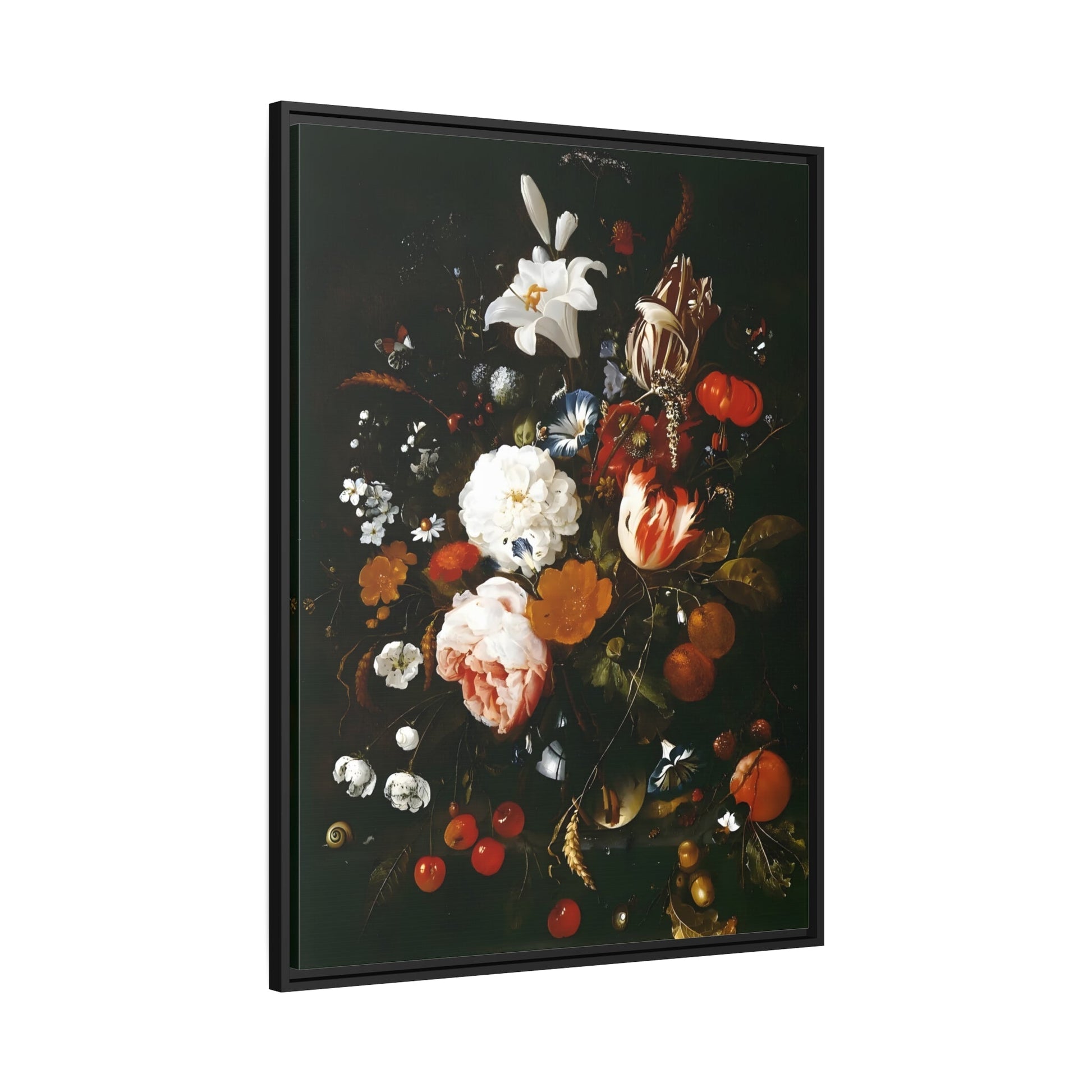 Jan Davidsz de Heem Flowers in a Glass Vase with Fruit - Framed Canvas Art Reproduction in Black Pinewood Frame