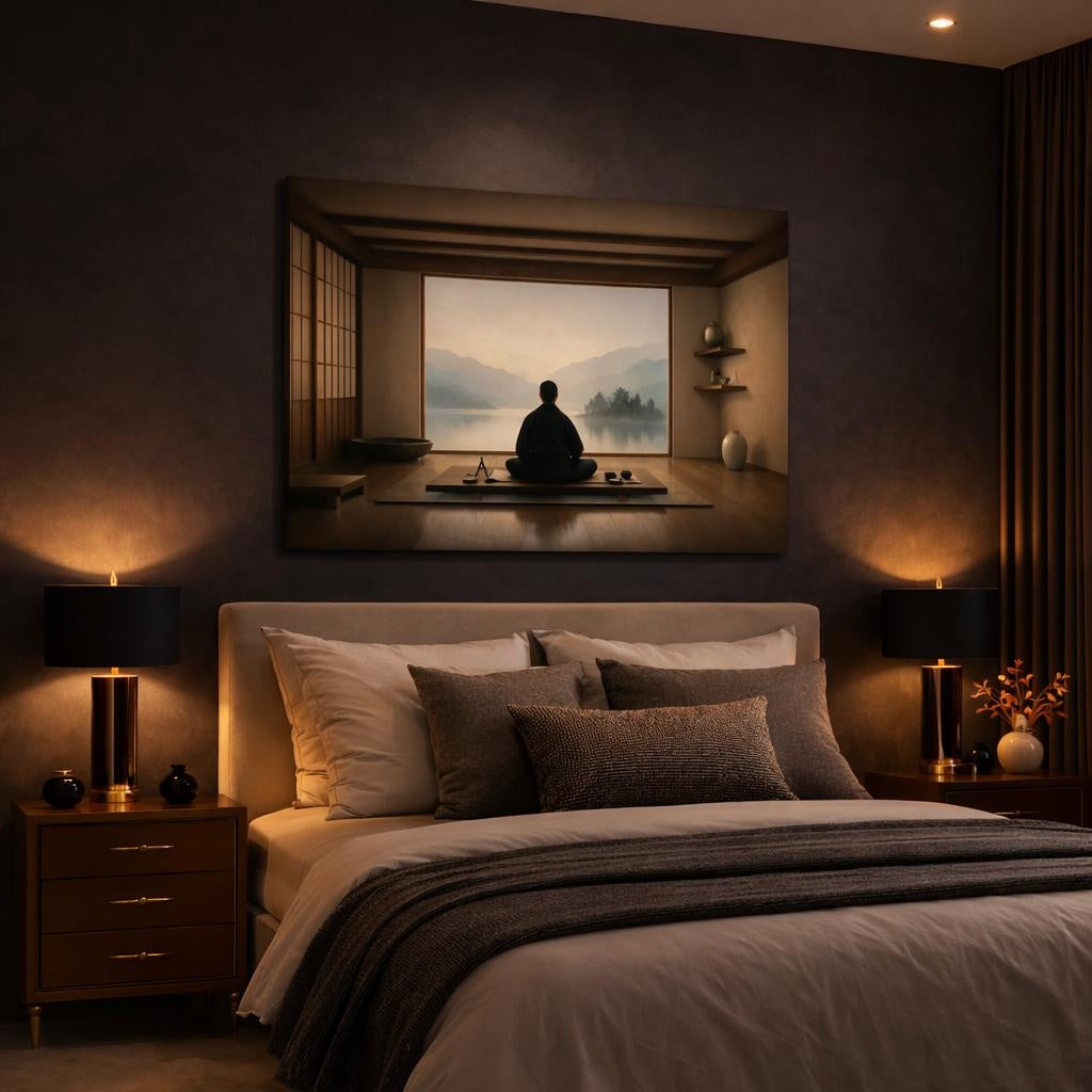 Japandi Architect Ruler shown as canvas wall art in a luxury bedroom