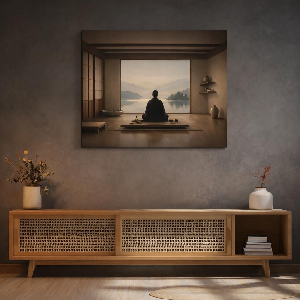 Japandi Architect Ruler shown as canvas wall art in a refined dining room