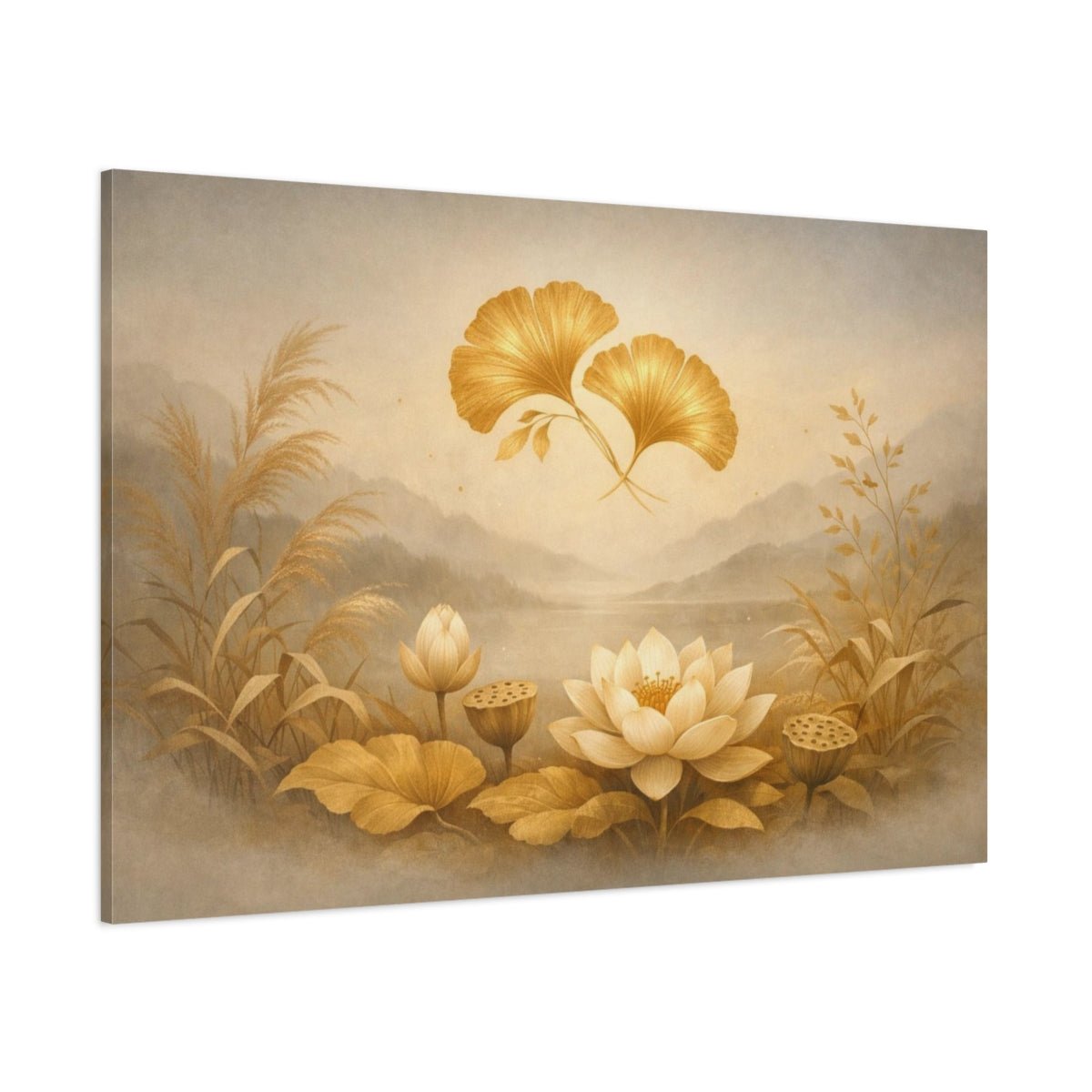 Japandi Botanical Gold Lotus Ginkgo Floral - Canvas Wall Art Print - YesArtYes