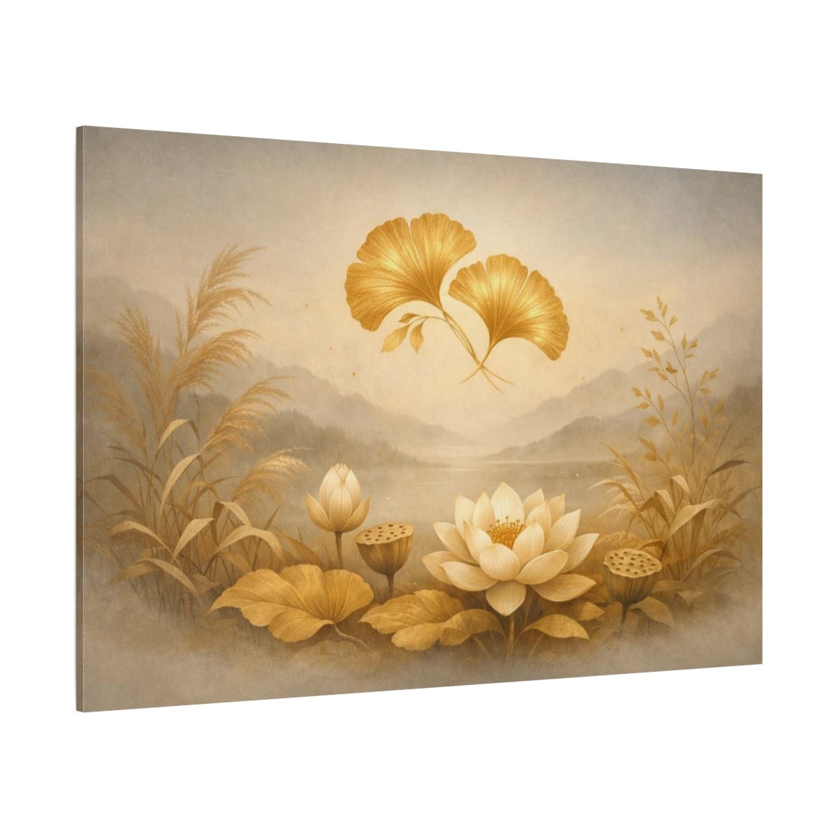 Japandi Botanical Gold Lotus Ginkgo Floral - Canvas Wall Art Print - YesArtYes
