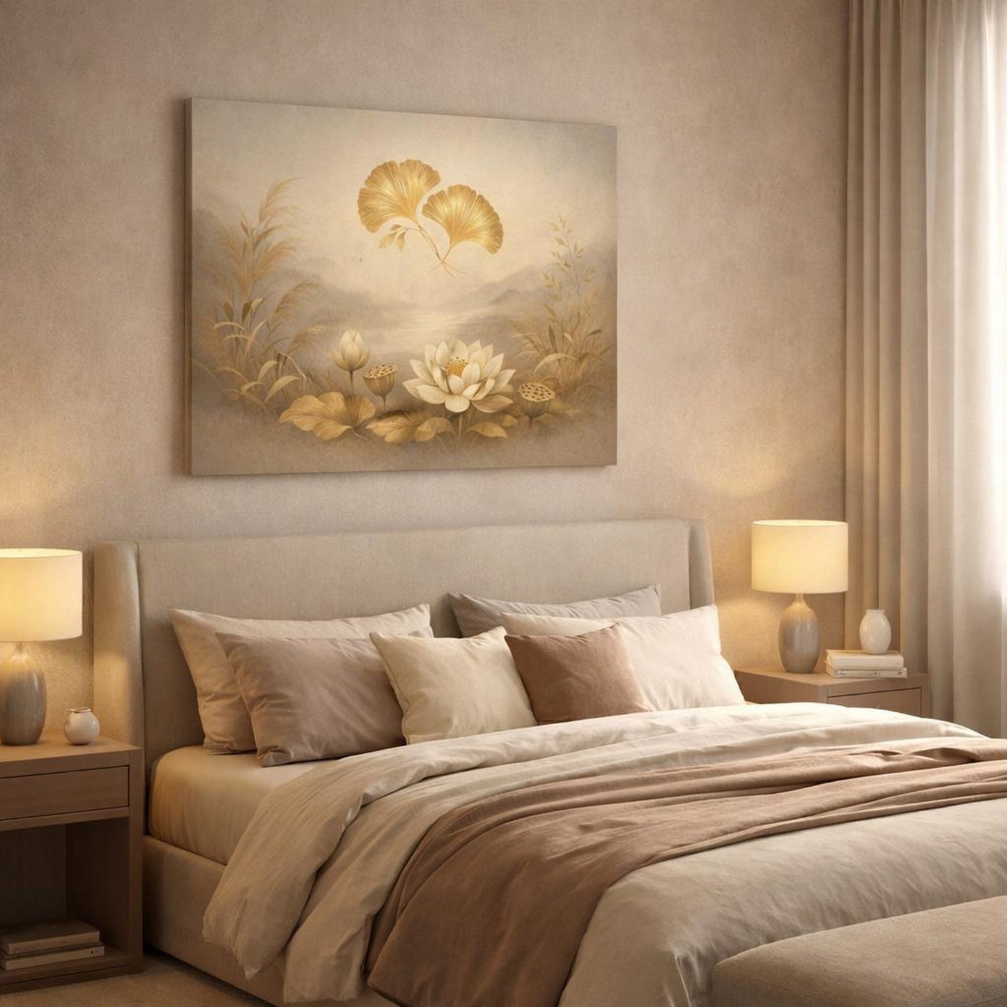 Japandi Botanical Gold Lotus Ginkgo Floral - Canvas Wall Art Print - YesArtYes