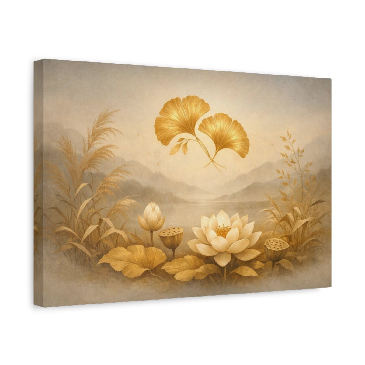 Japandi Botanical Gold Lotus Ginkgo Floral - Canvas Wall Art Print - YesArtYes