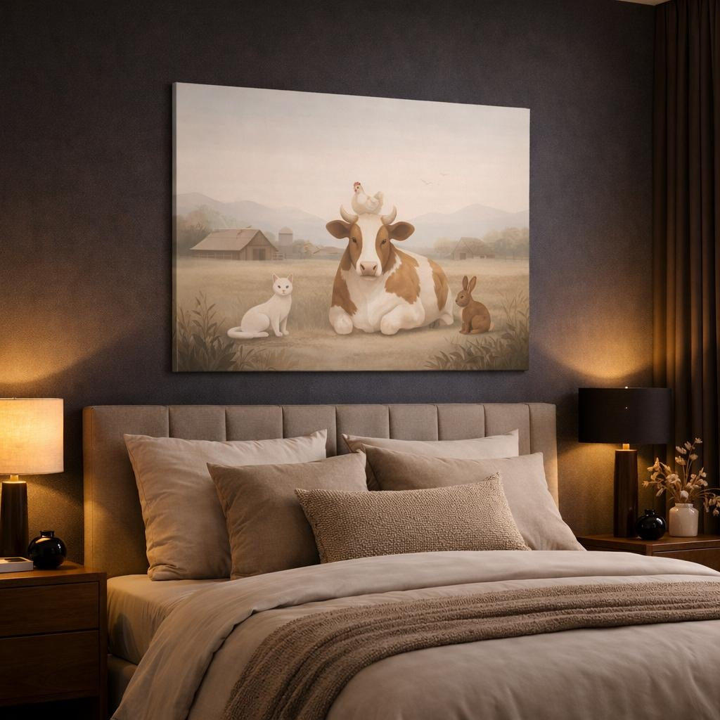 Japandi Farm Friends shown as canvas wall art in a luxury bedroom