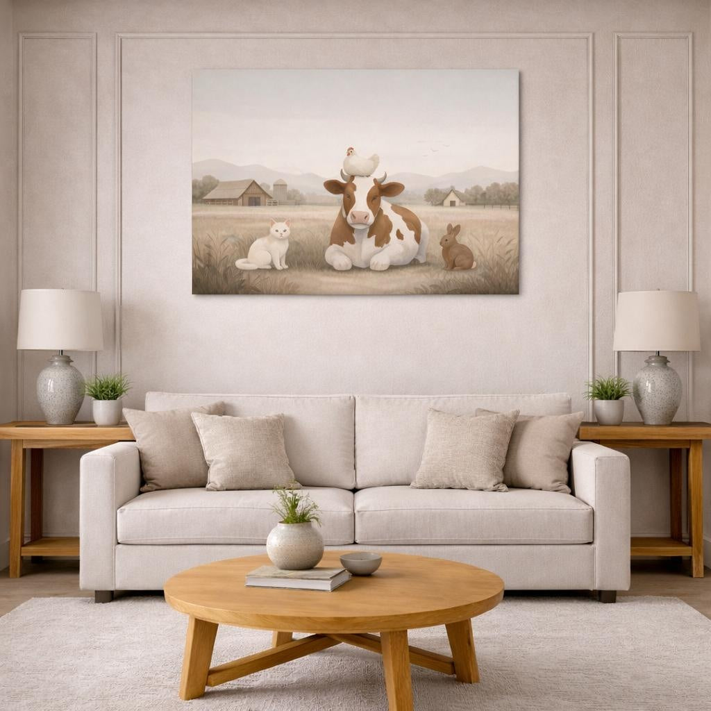 Japandi Farm Friends shown as canvas wall art in a modern living room